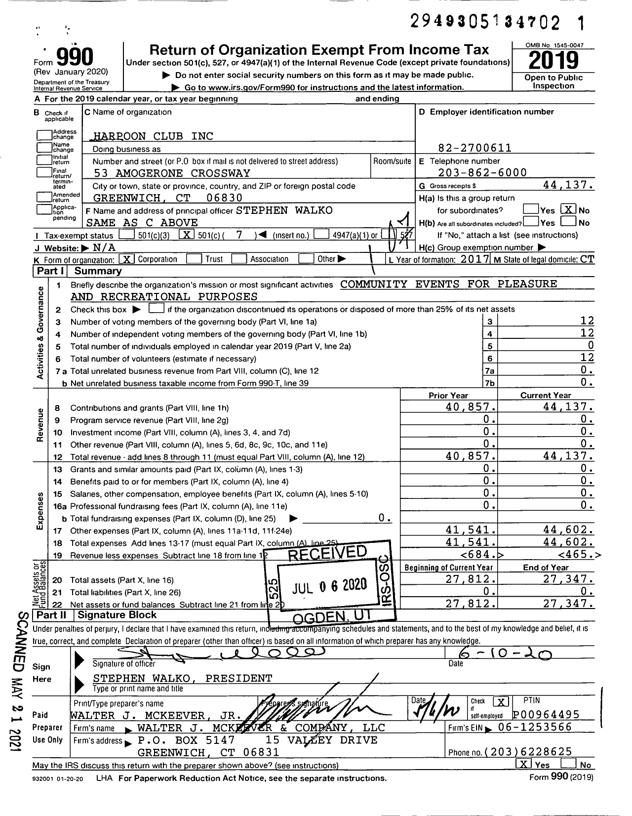 Image of first page of 2019 Form 990O for Harpoon Club