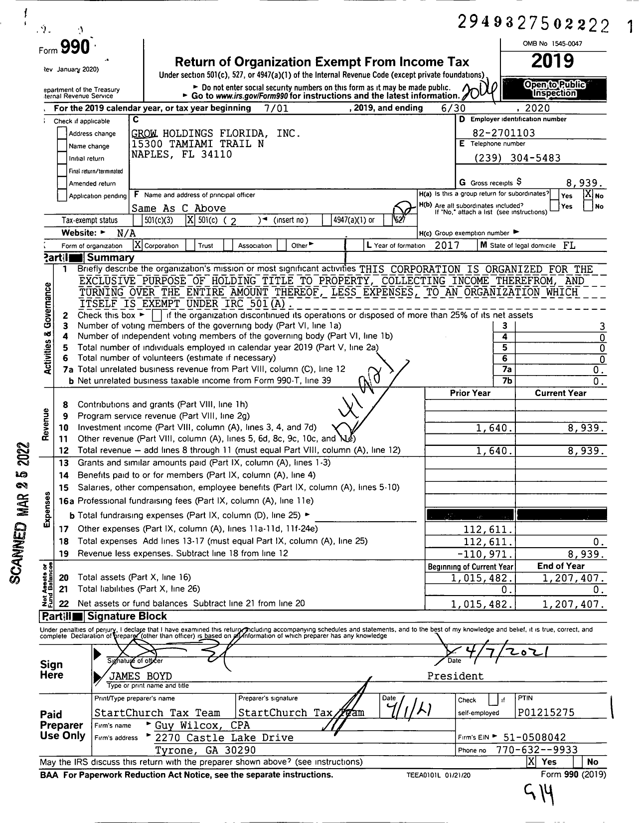 Image of first page of 2019 Form 990O for Grow Holdings Florida