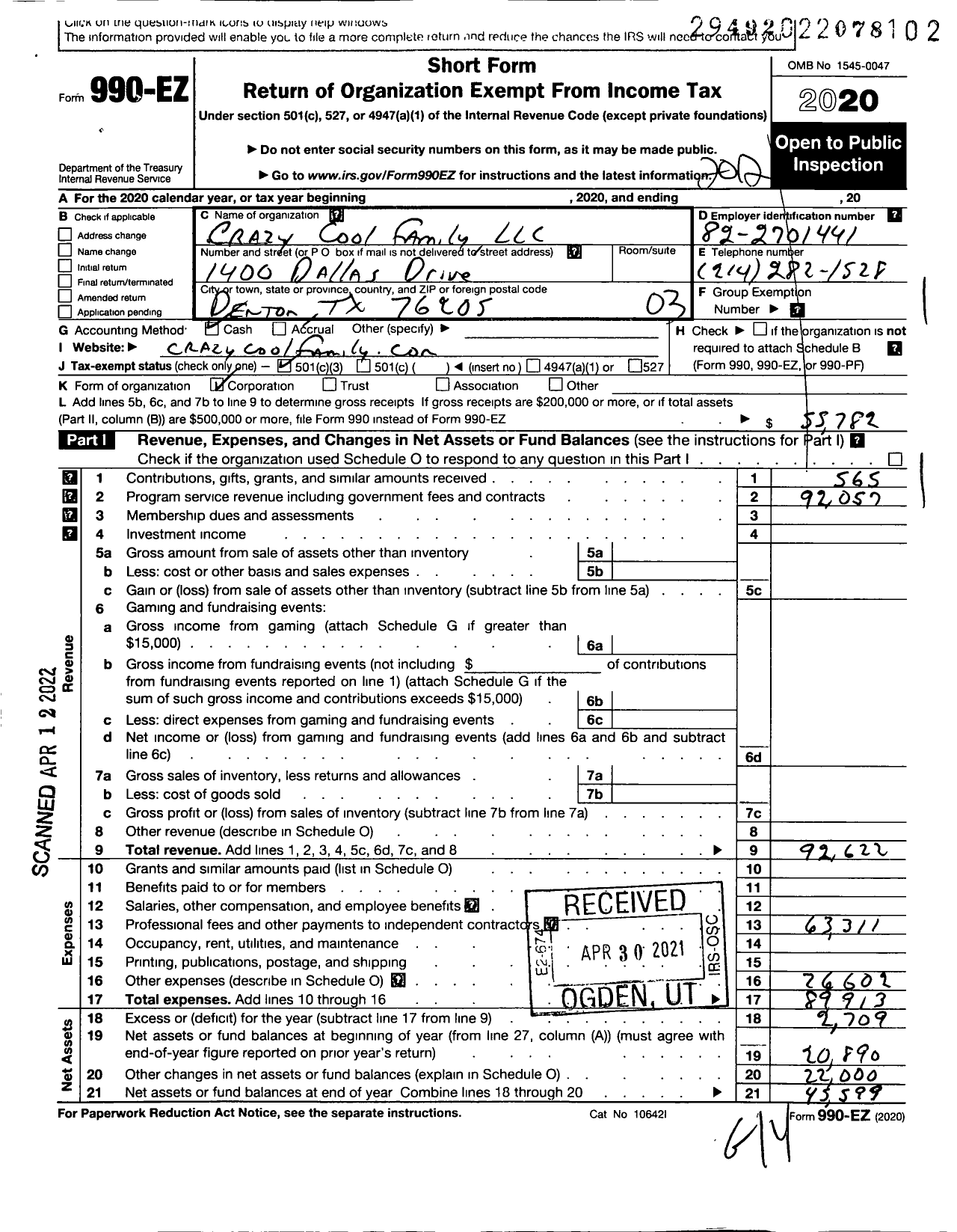 Image of first page of 2020 Form 990EZ for Crazy Cool Family