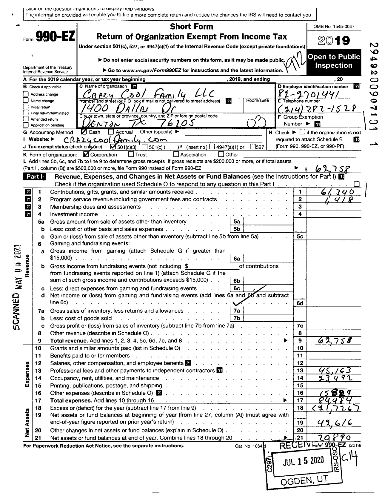 Image of first page of 2019 Form 990EZ for Crazy Cool Family