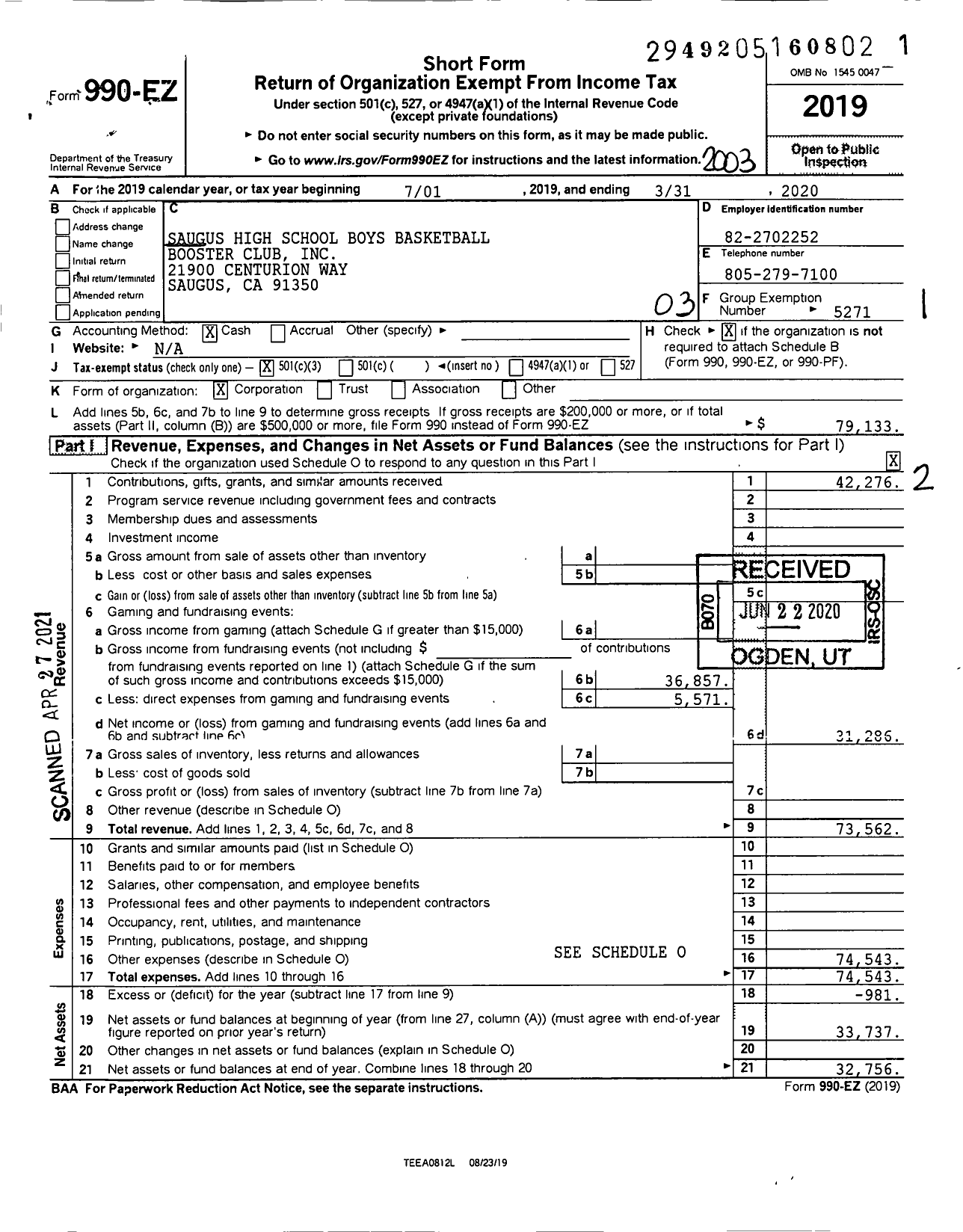 Image of first page of 2019 Form 990EZ for Saugus High School Boys Basketball Booster Club