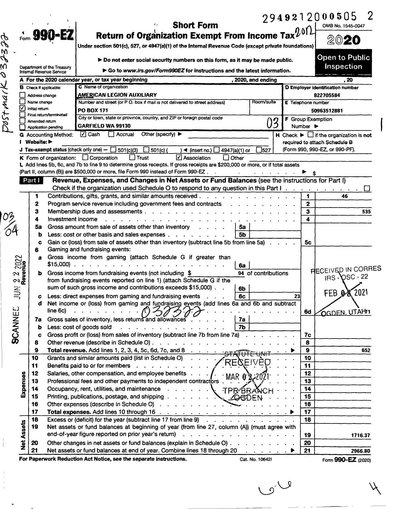 Image of first page of 2020 Form 990EZ for American Legion Auxiliary Post 24