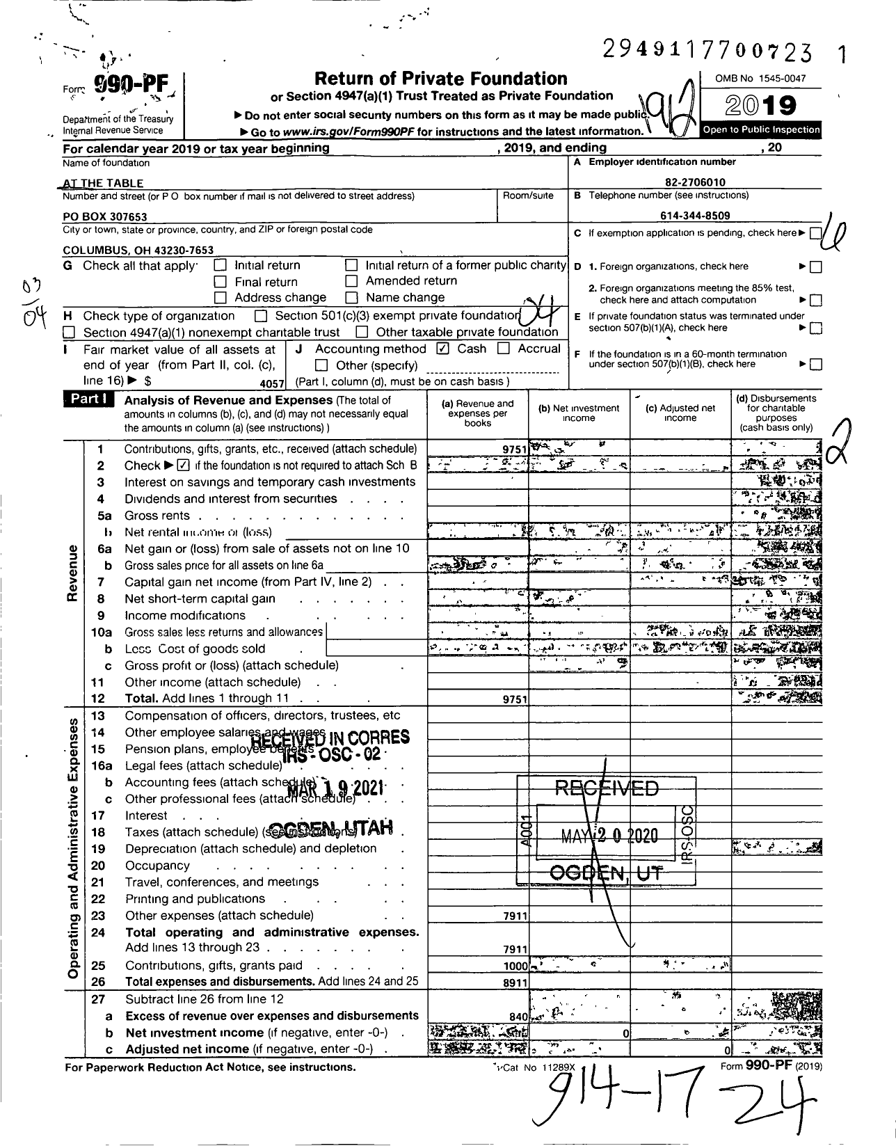 Image of first page of 2019 Form 990PF for At the Table