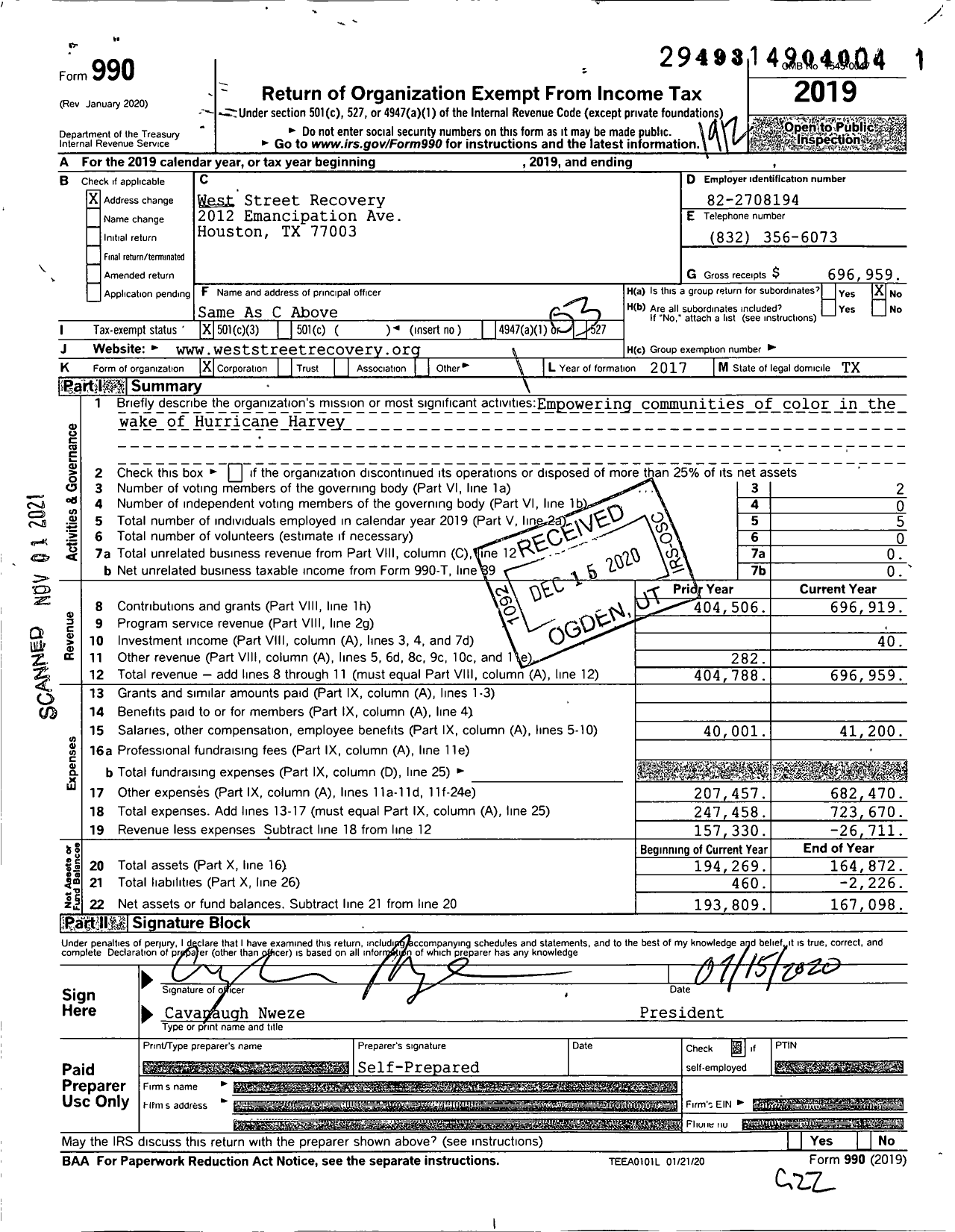 Image of first page of 2019 Form 990 for West Street Recovery