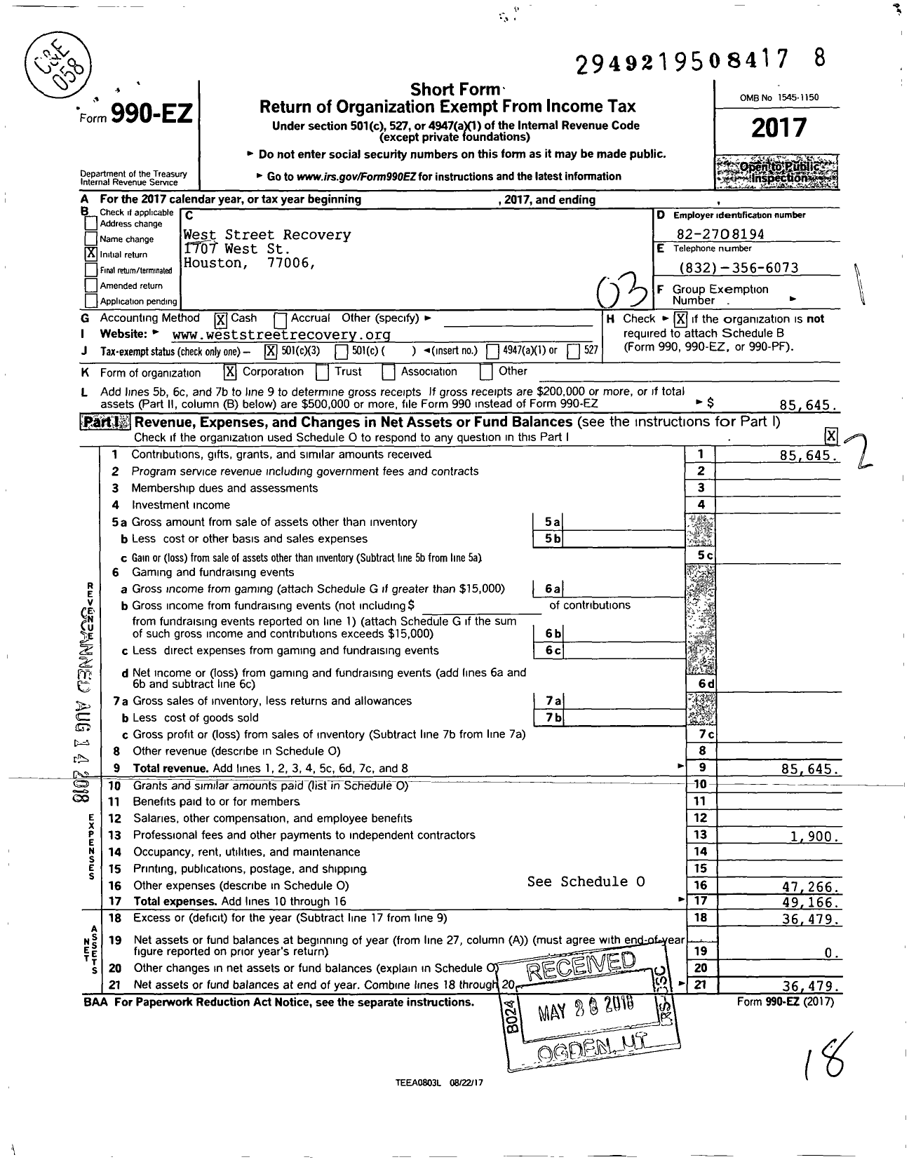 Image of first page of 2017 Form 990EZ for West Street Recovery