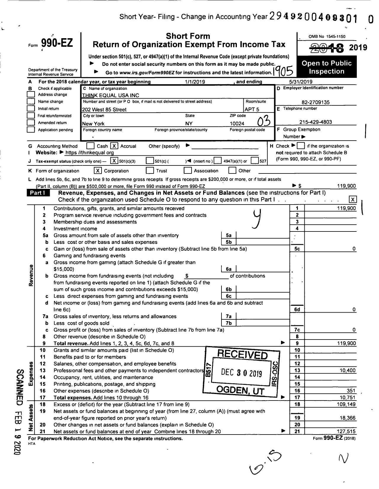 Image of first page of 2018 Form 990EZ for Think Equal USA
