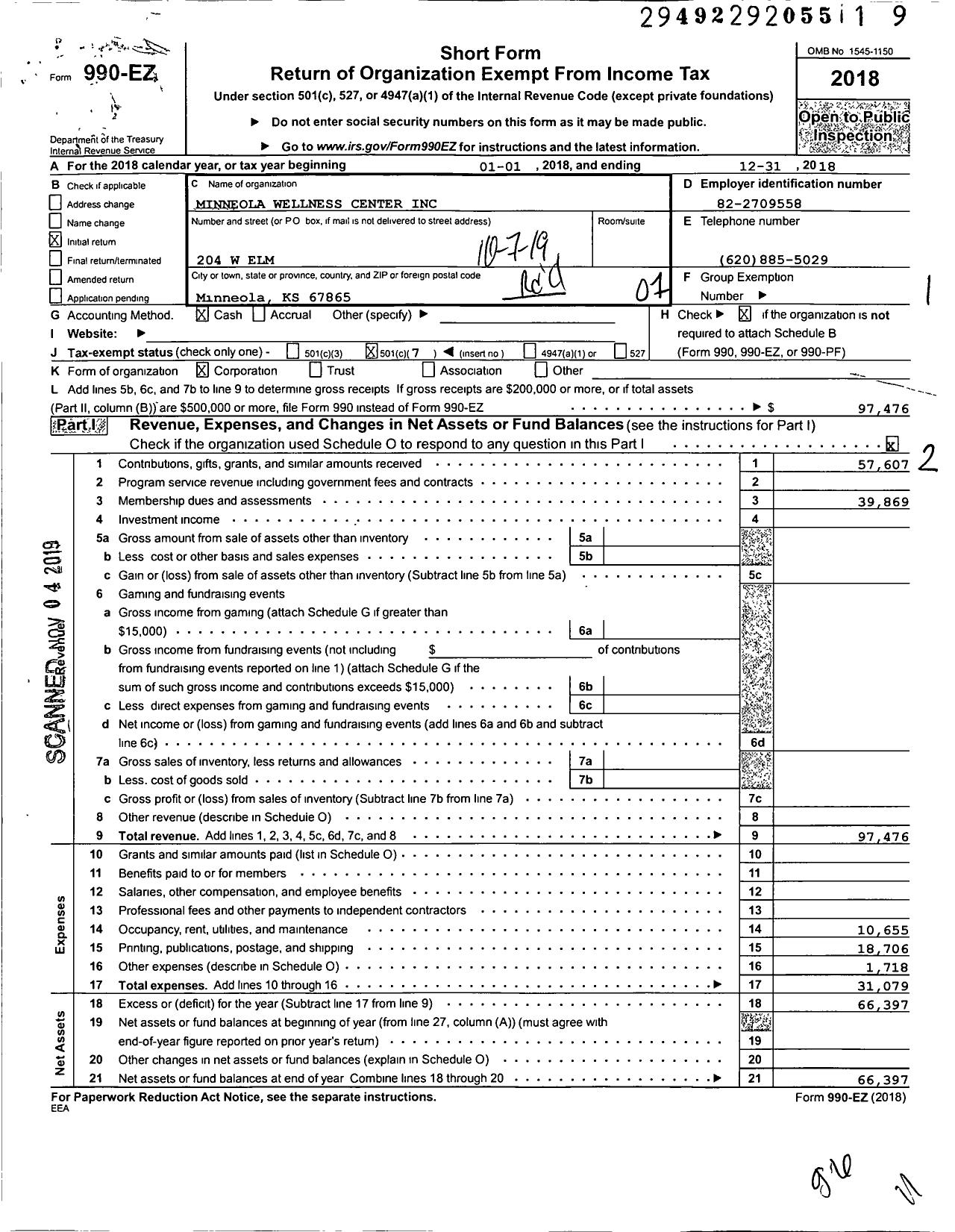 Image of first page of 2018 Form 990EO for Minneola Wellness Center