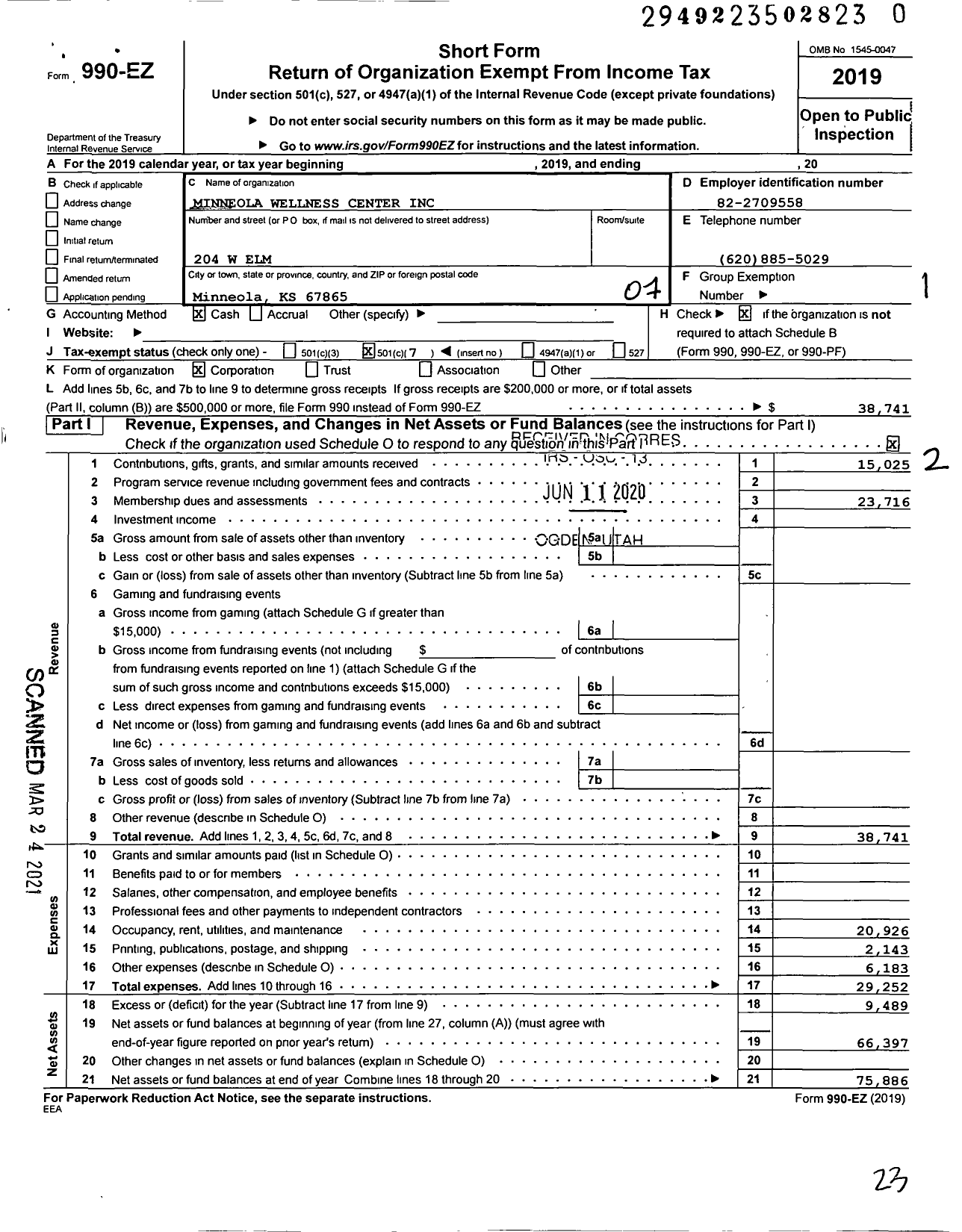 Image of first page of 2019 Form 990EO for Minneola Wellness Center