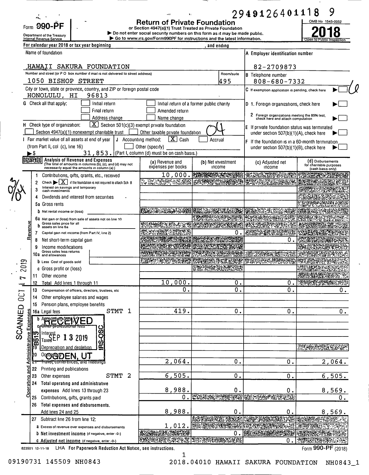 Image of first page of 2018 Form 990PF for Hawaii Sakura Foundation