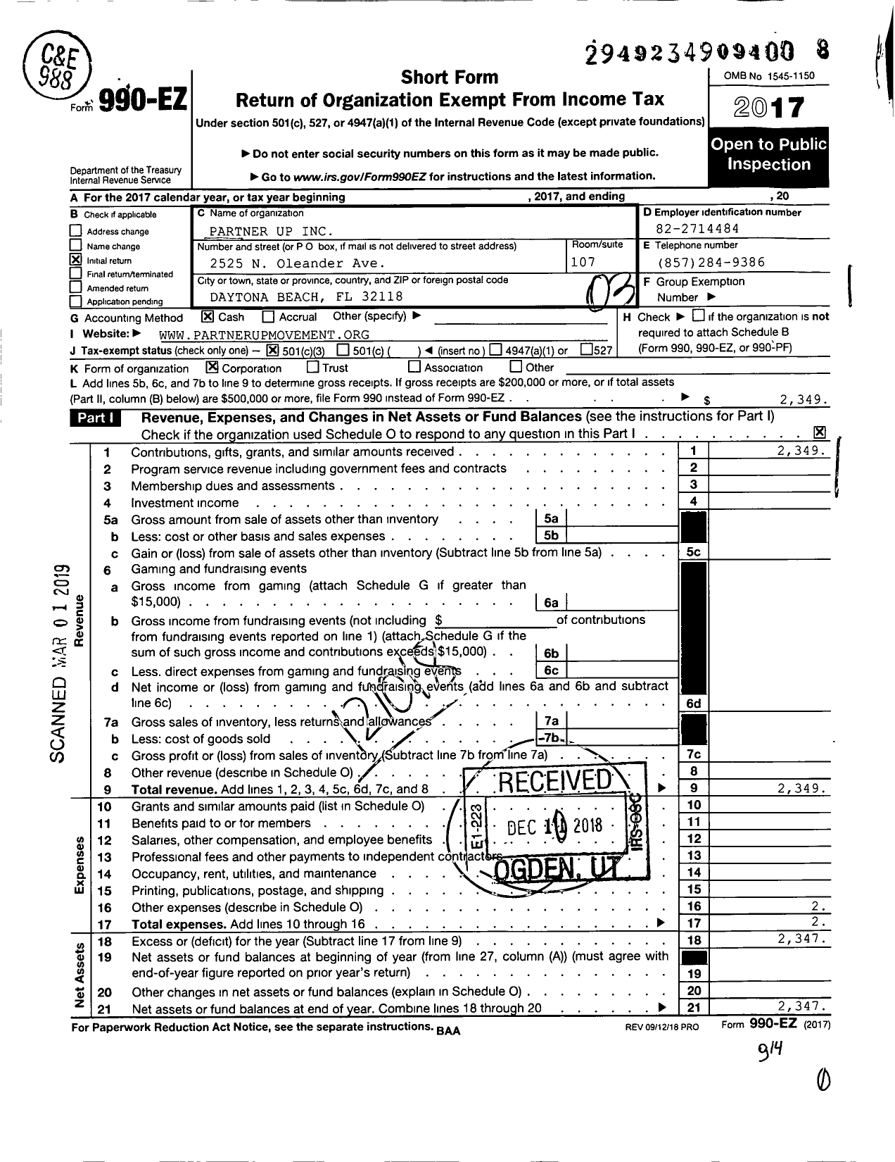 Image of first page of 2017 Form 990EZ for Partner Up