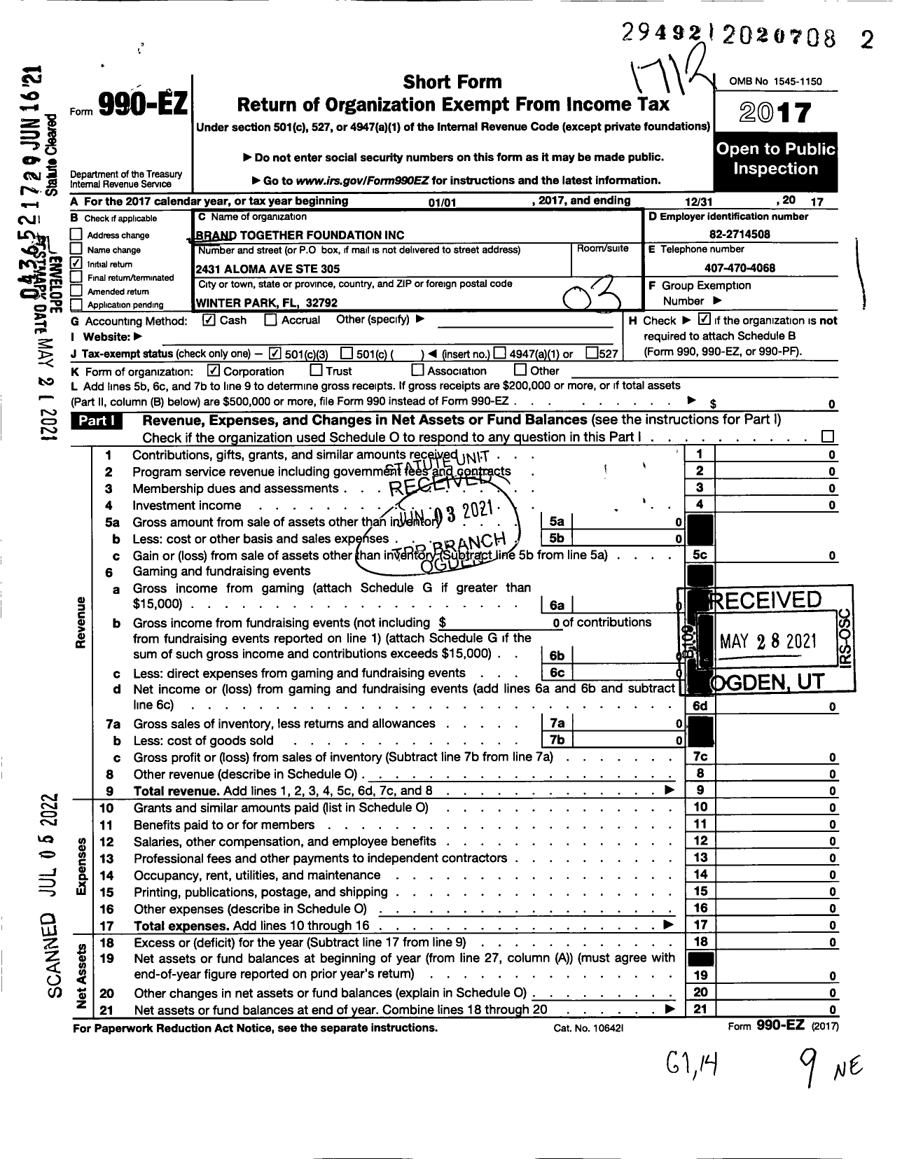 Image of first page of 2017 Form 990EZ for Brand Together Foundation