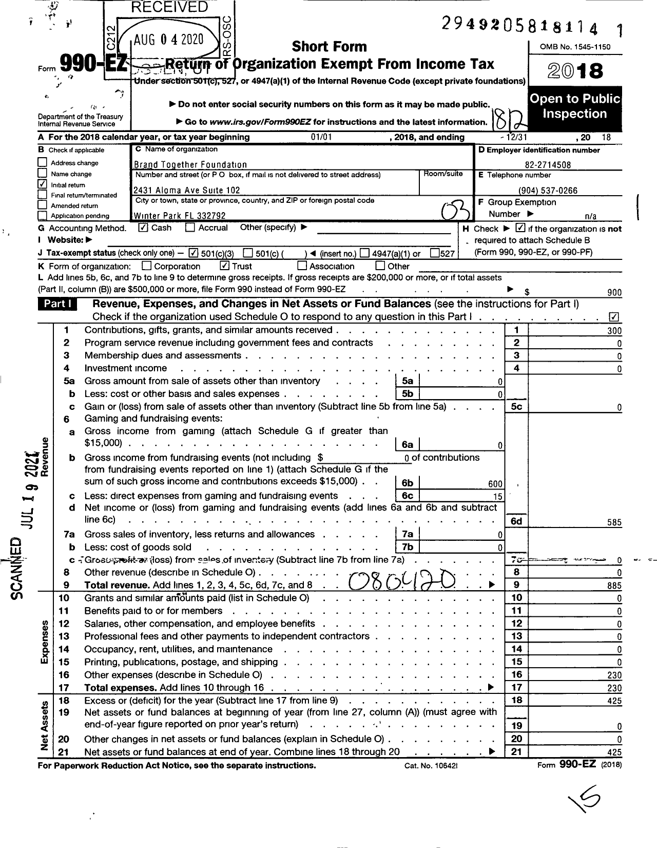 Image of first page of 2018 Form 990EZ for Brand Together Foundation