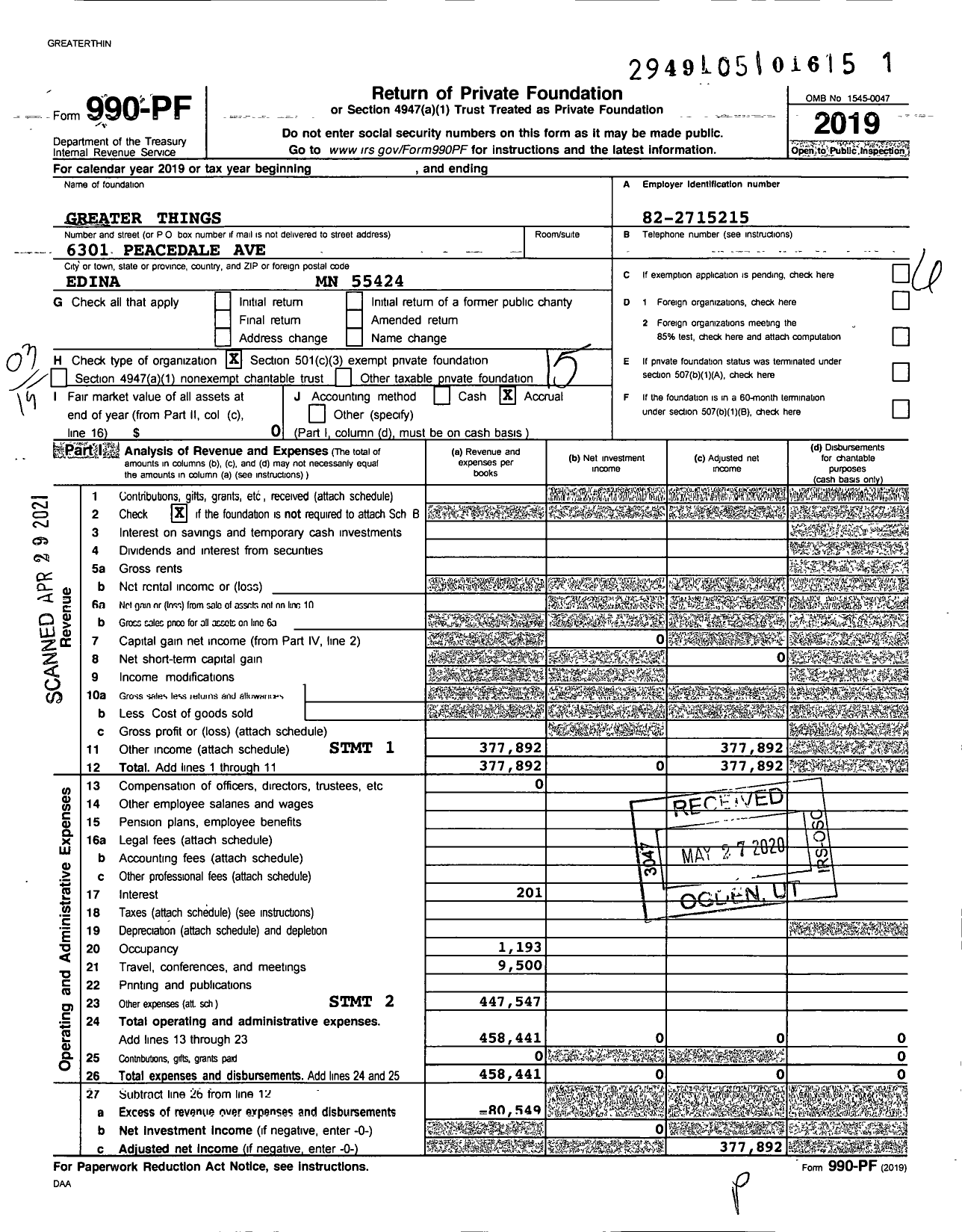 Image of first page of 2019 Form 990PF for Greater Things