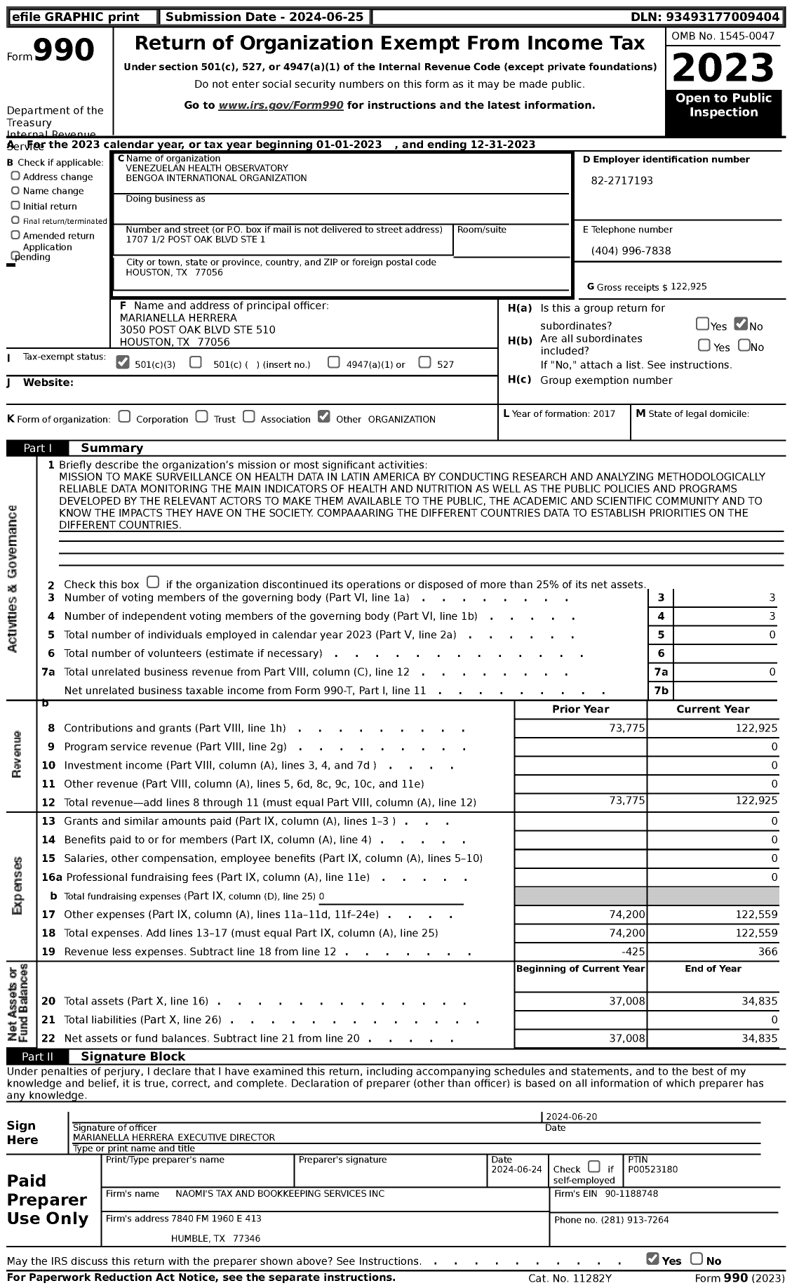 Image of first page of 2023 Form 990 for Venezuelan Health Observatory Bengoa International Organization