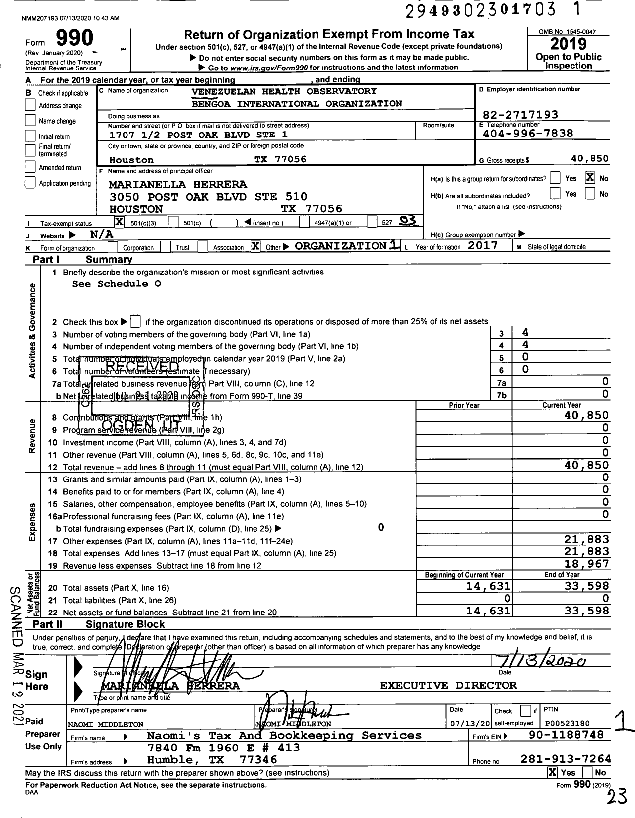 Image of first page of 2019 Form 990 for Venezuelan Health Observatory Bengoa International Organization