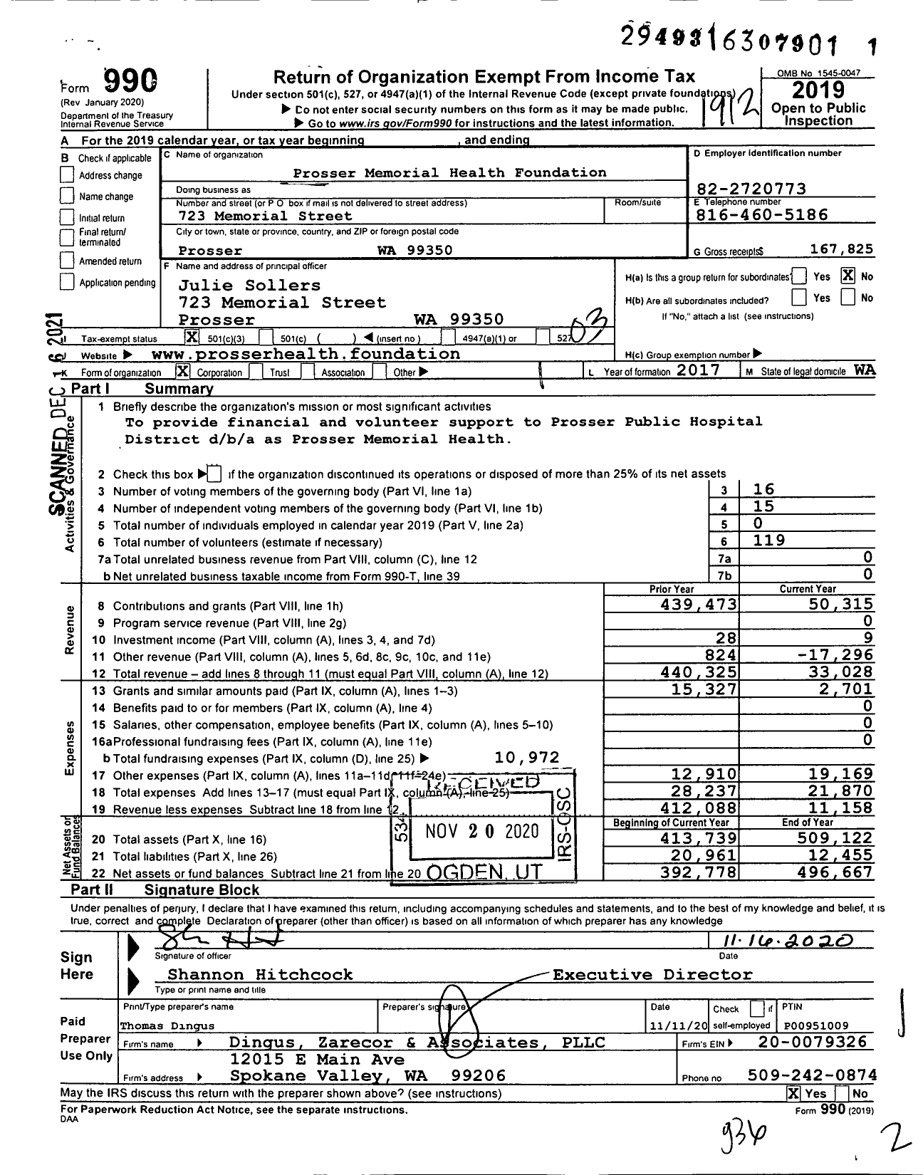 Image of first page of 2019 Form 990 for Prosser Memorial Health Foundation