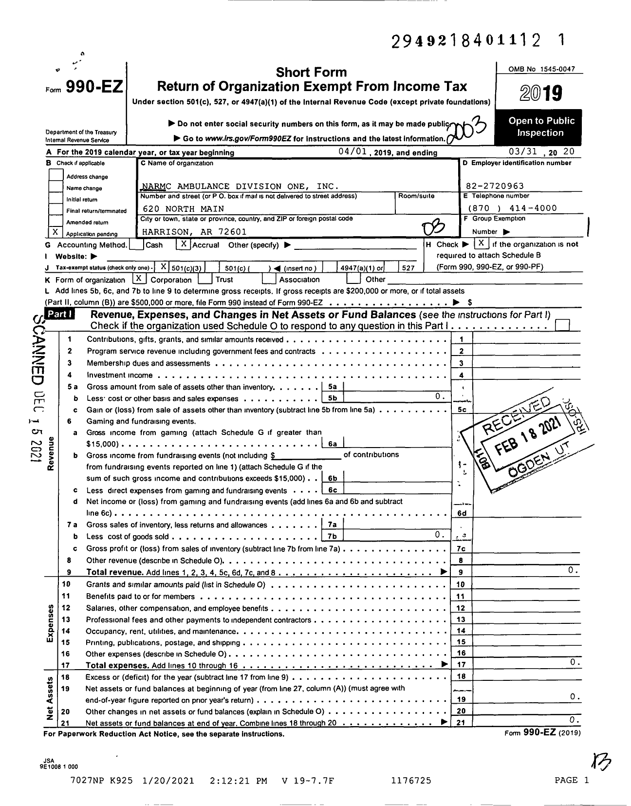 Image of first page of 2019 Form 990EZ for Narmc Ambulance Division One