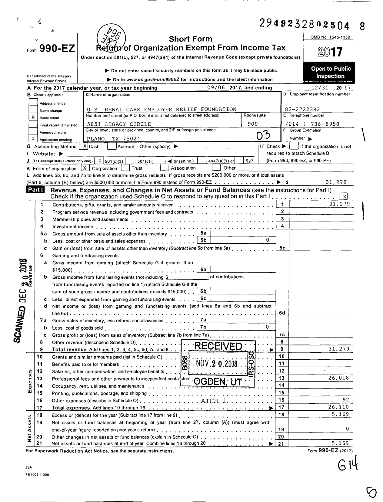 Image of first page of 2017 Form 990EZ for US Renal Care Employee Relief Foundation