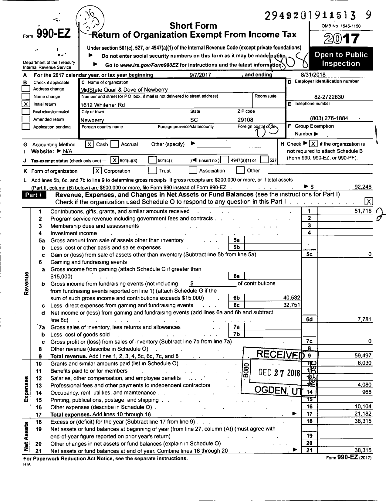 Image of first page of 2017 Form 990EZ for MidState Quail & Dove of Newberry