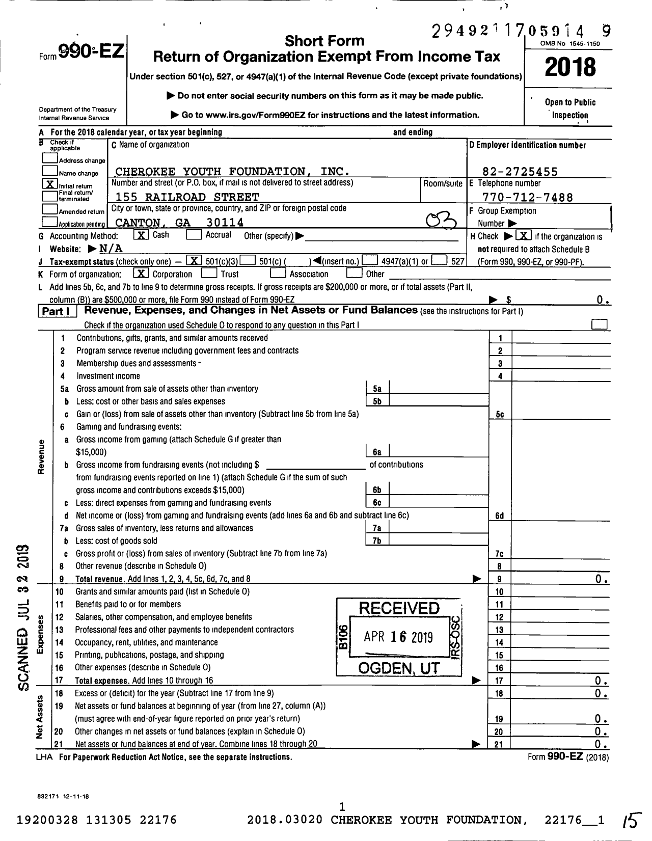 Image of first page of 2018 Form 990EZ for Cherokee Youth Foundation