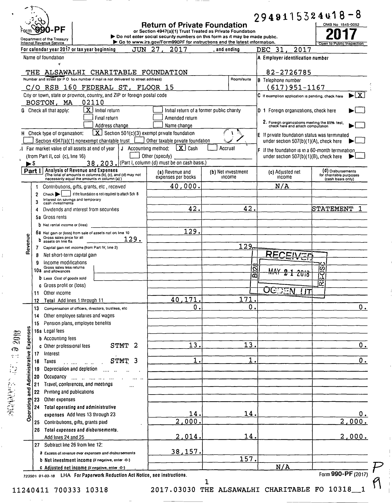 Image of first page of 2017 Form 990PF for The Alsawalhi Charitable Foundation