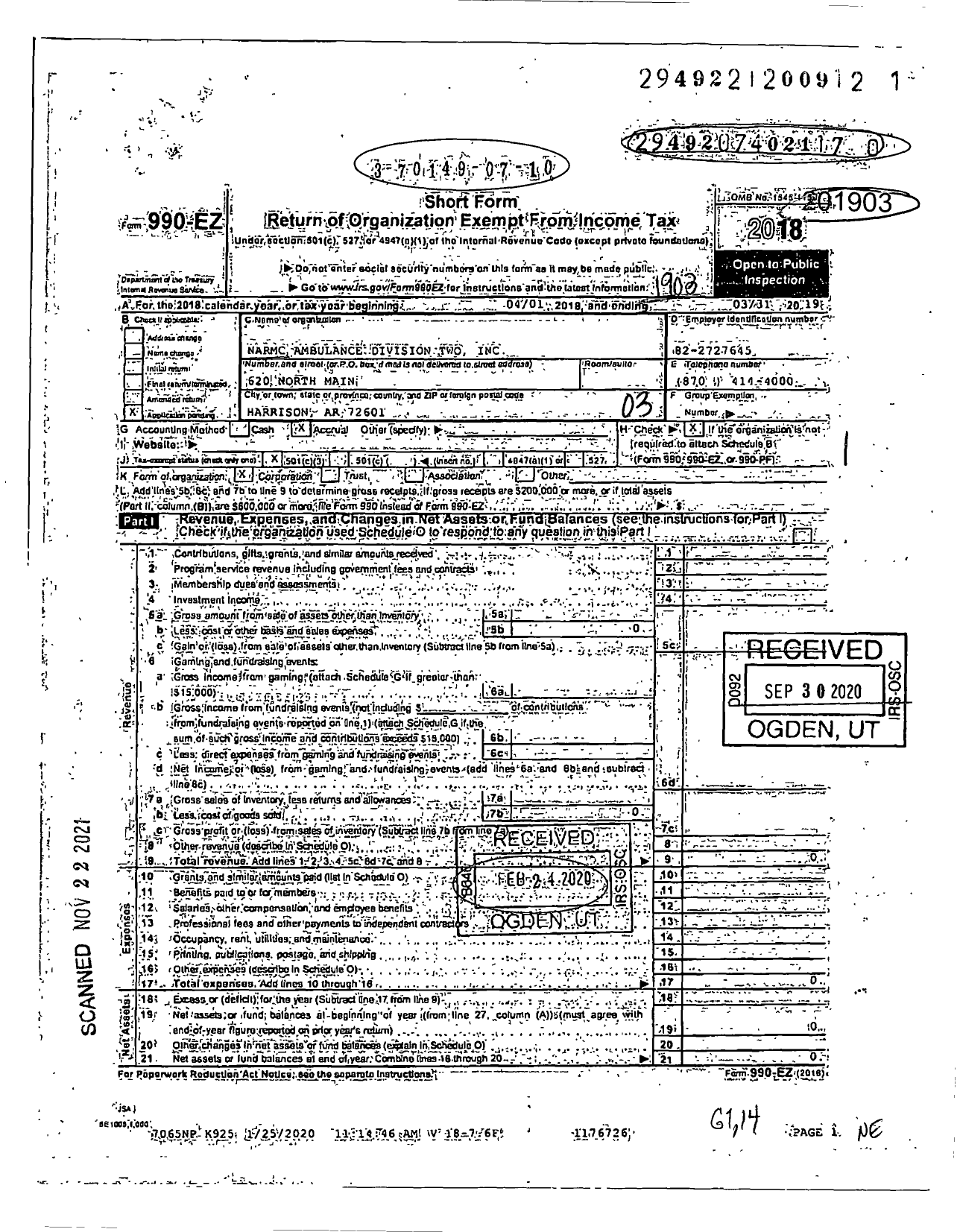 Image of first page of 2018 Form 990EZ for Narmc Ambulance Division Two