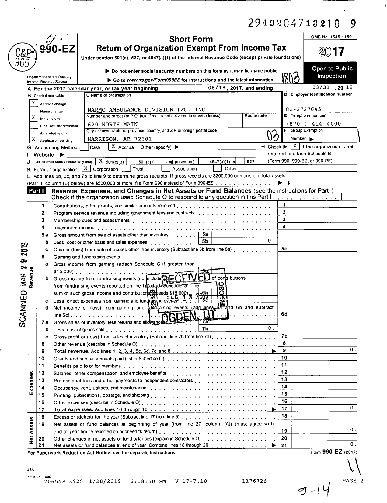 Image of first page of 2017 Form 990EZ for Narmc Ambulance Division Two