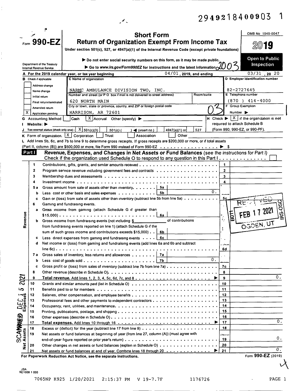 Image of first page of 2019 Form 990EZ for Narmc Ambulance Division Two