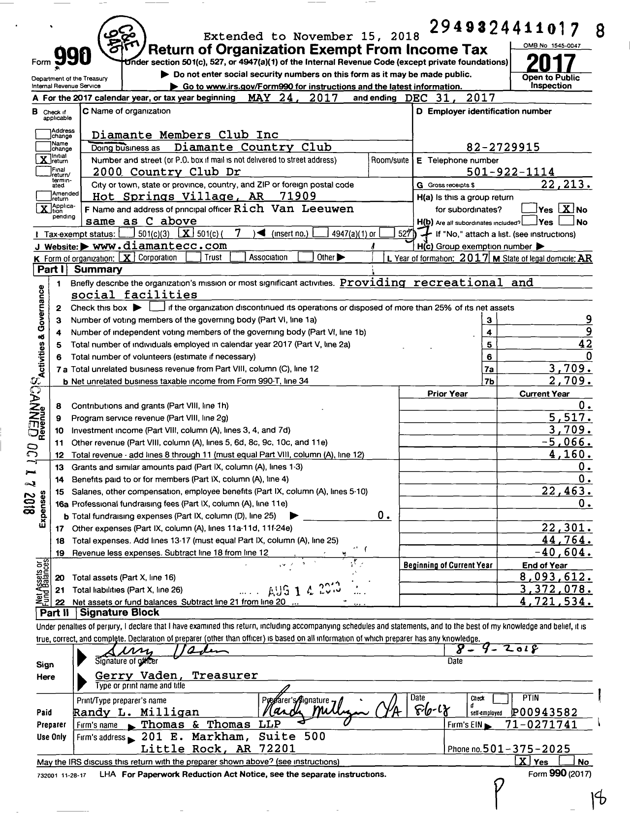 Image of first page of 2017 Form 990O for Diamante Members Club