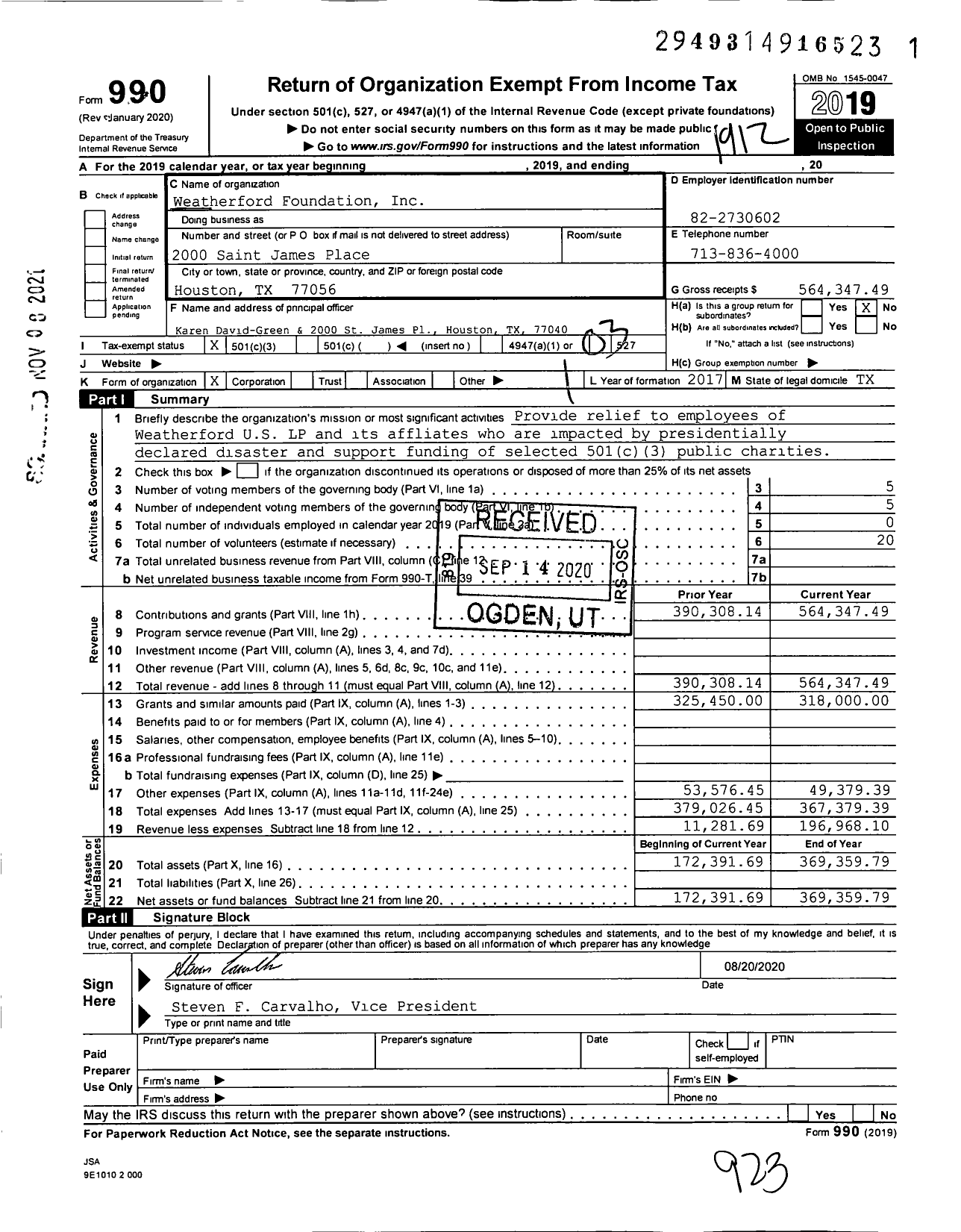 Image of first page of 2019 Form 990 for Weatherford Foundation