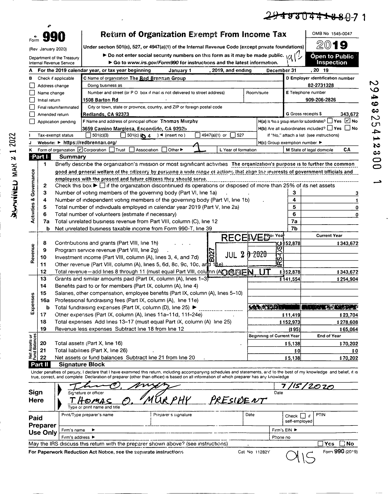 Image of first page of 2019 Form 990O for Red Brennan Group