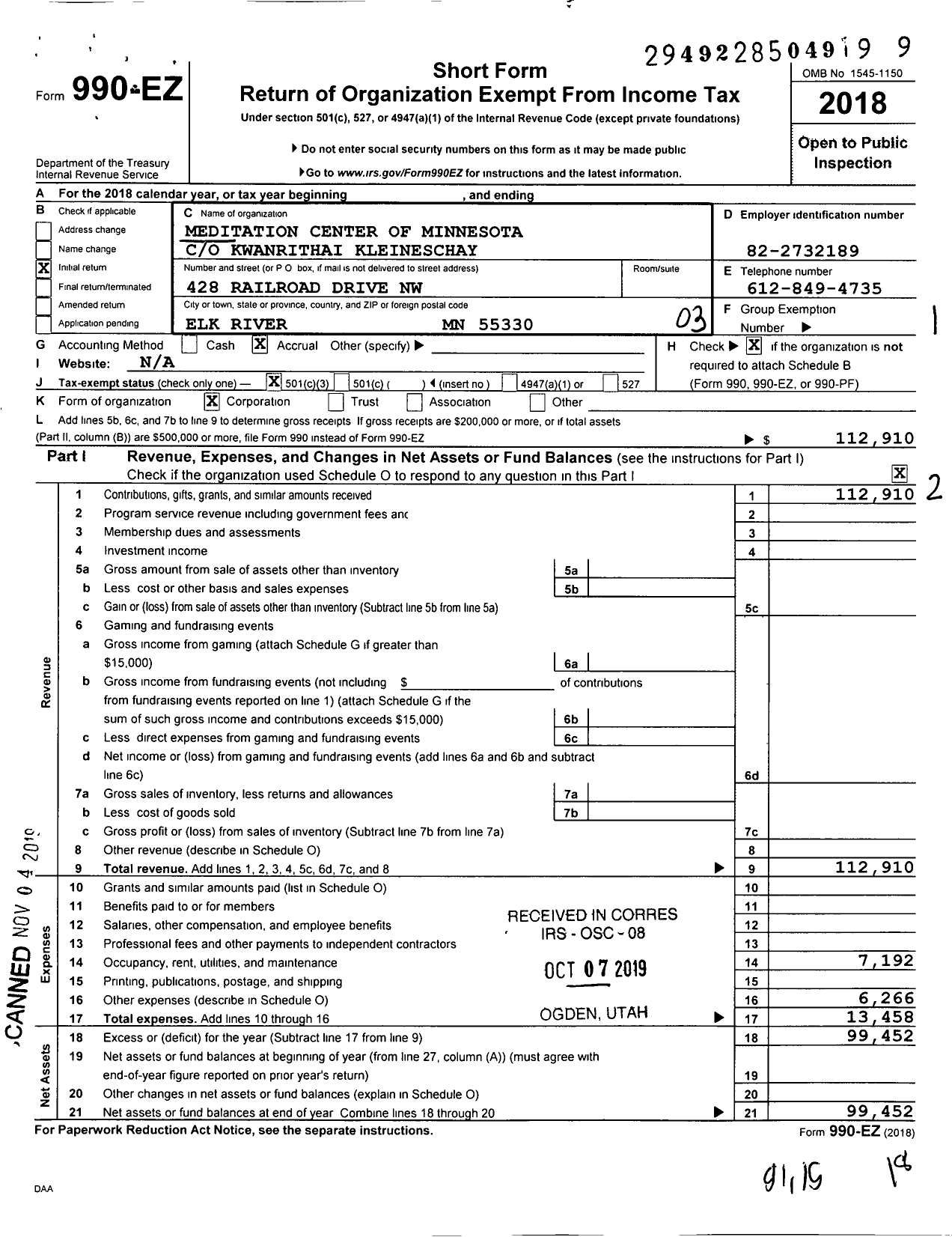 Image of first page of 2018 Form 990EZ for Meditation Center of Minnesota