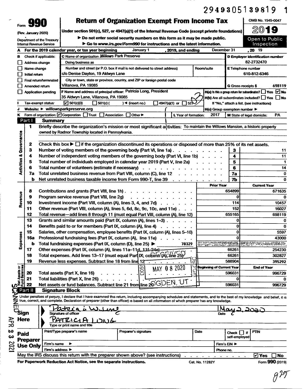 Image of first page of 2019 Form 990 for Willows Park Preserve