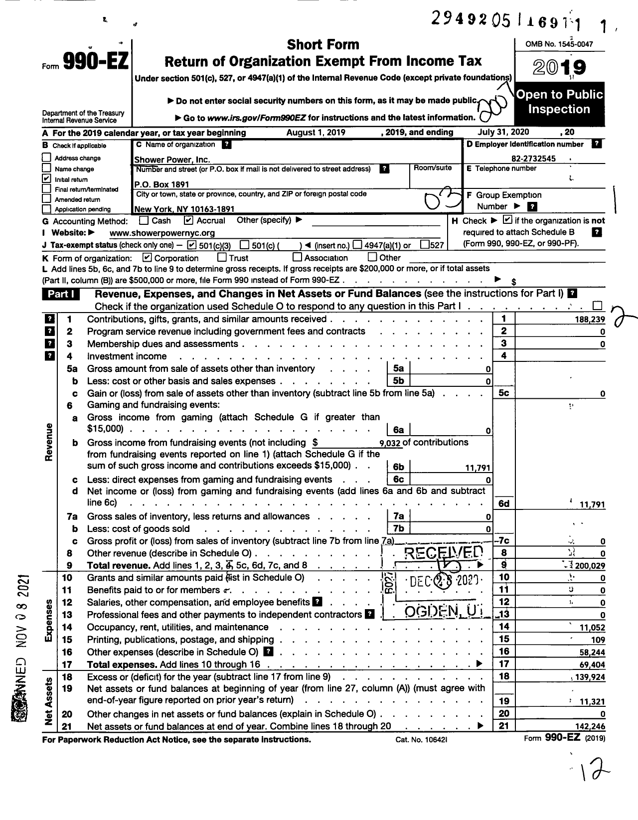 Image of first page of 2019 Form 990EZ for Shower Power