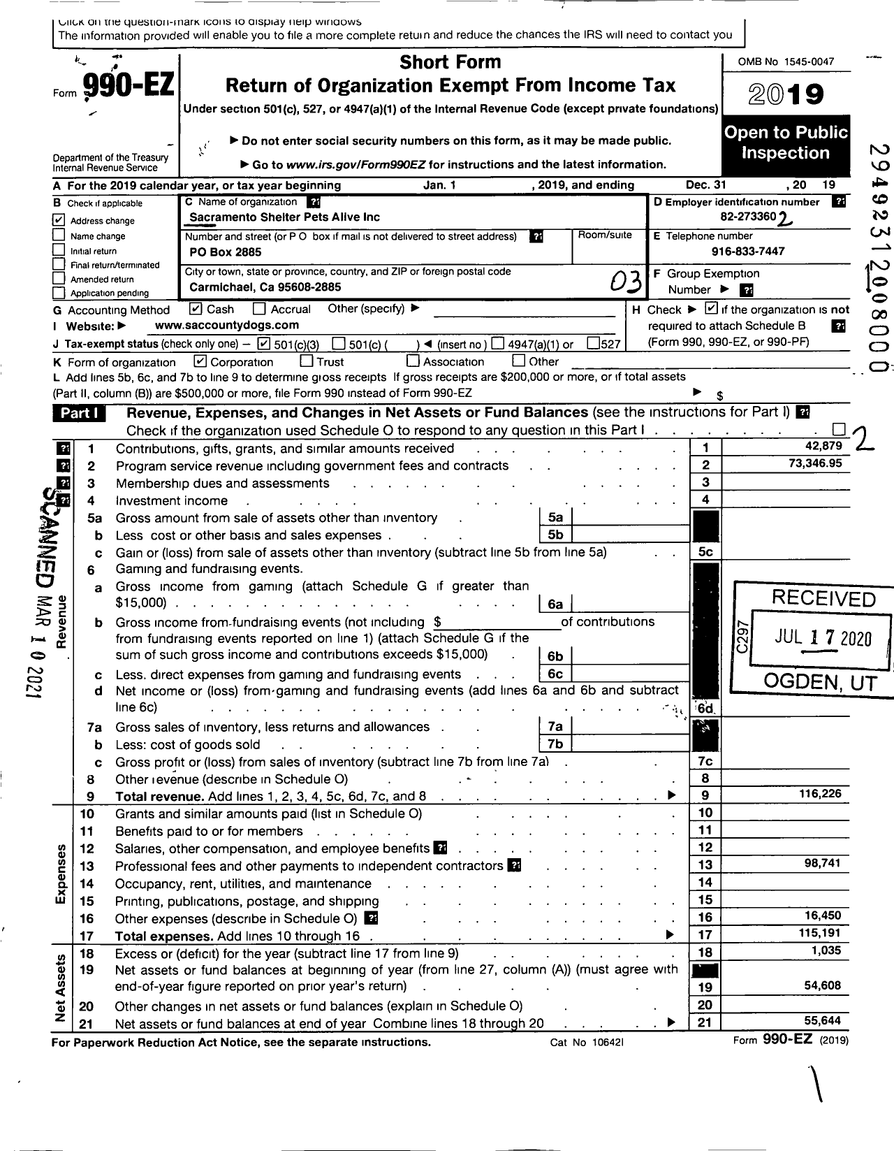 Image of first page of 2019 Form 990EZ for Sacramento Shelter Pets Alive