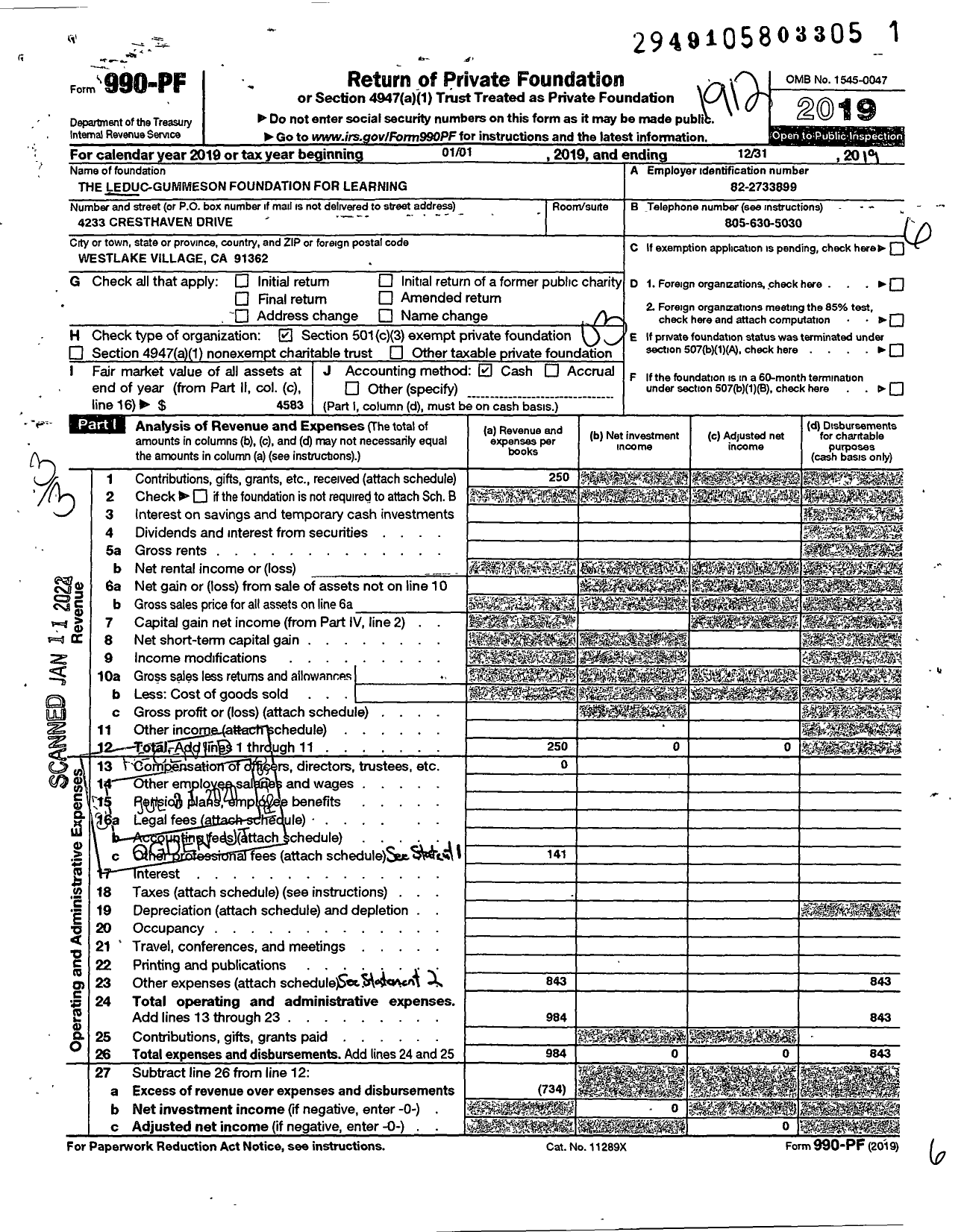 Image of first page of 2019 Form 990PF for Leduc-Gummeson Foundation for Learning