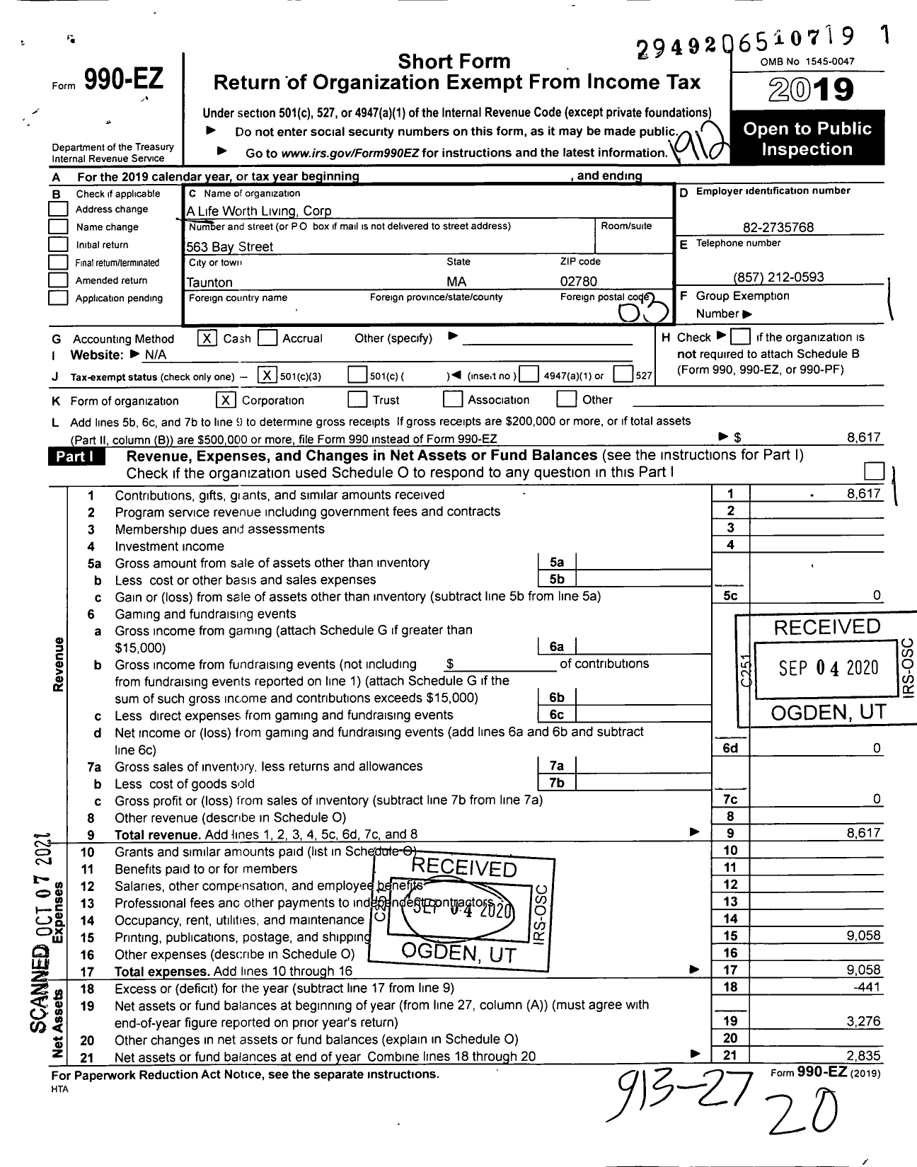 Image of first page of 2019 Form 990EZ for A Life Worth Living Corporation
