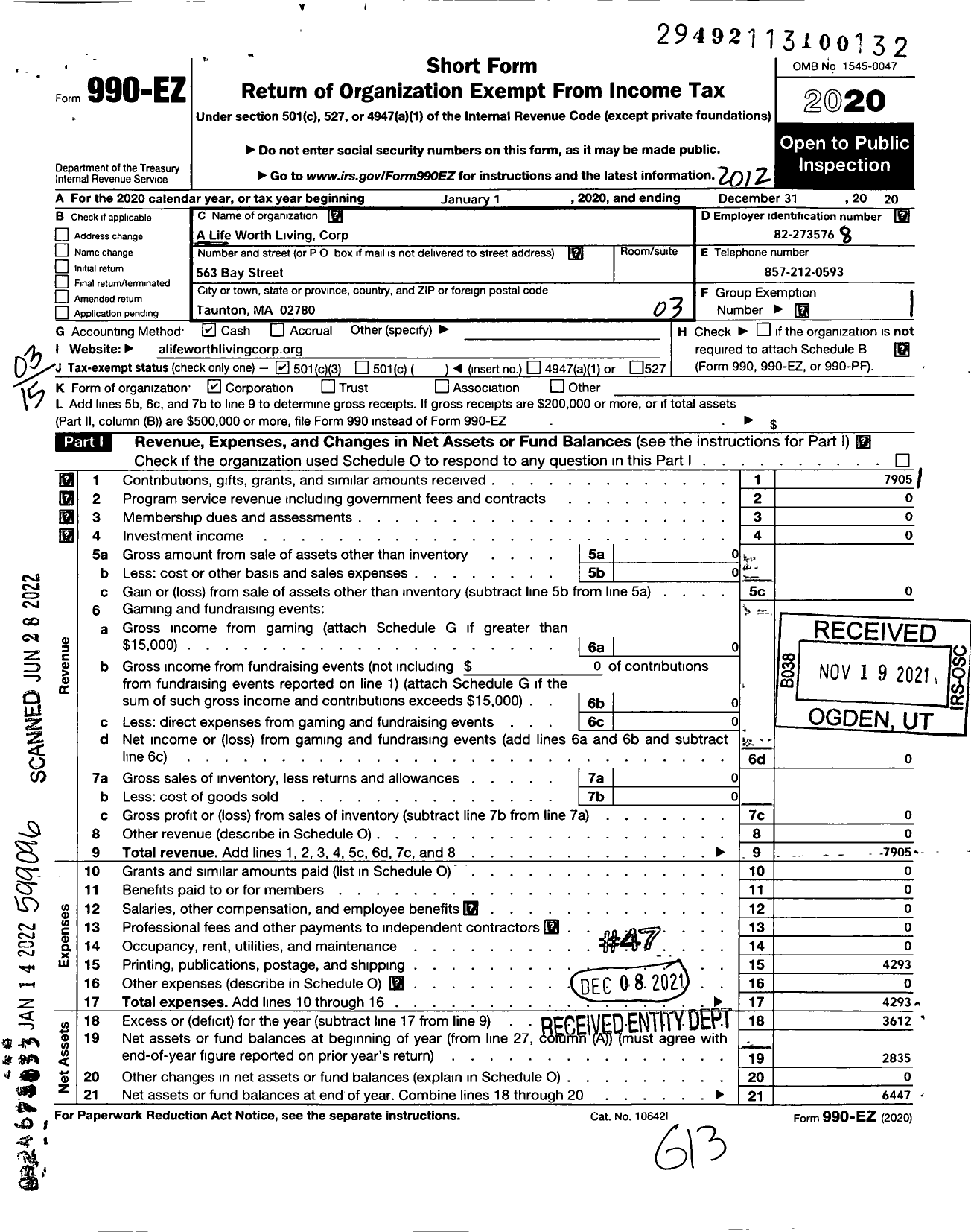 Image of first page of 2020 Form 990EZ for A Life Worth Living Corporation