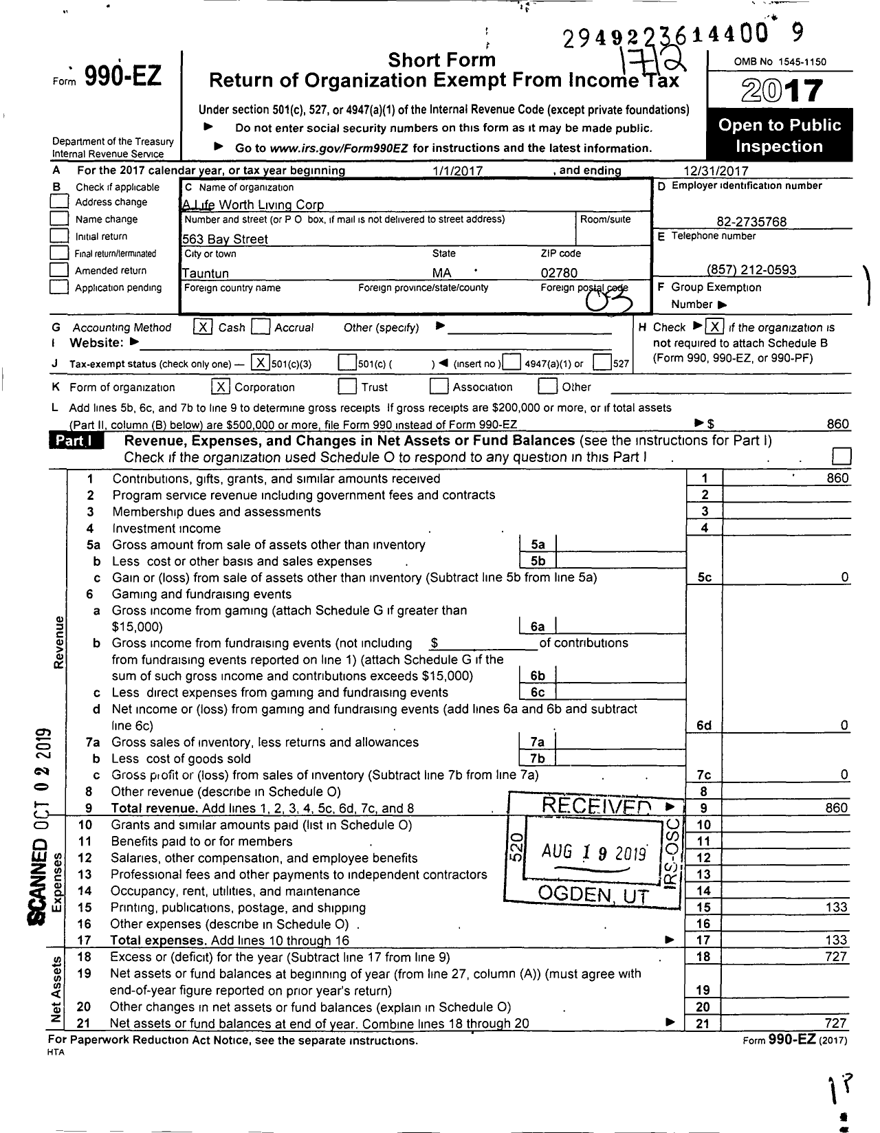 Image of first page of 2017 Form 990EZ for A Life Worth Living Corporation