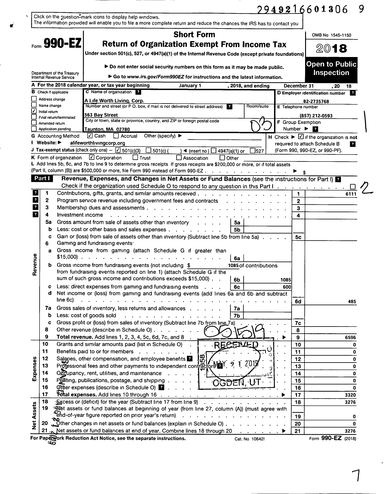 Image of first page of 2018 Form 990EZ for A Life Worth Living Corporation