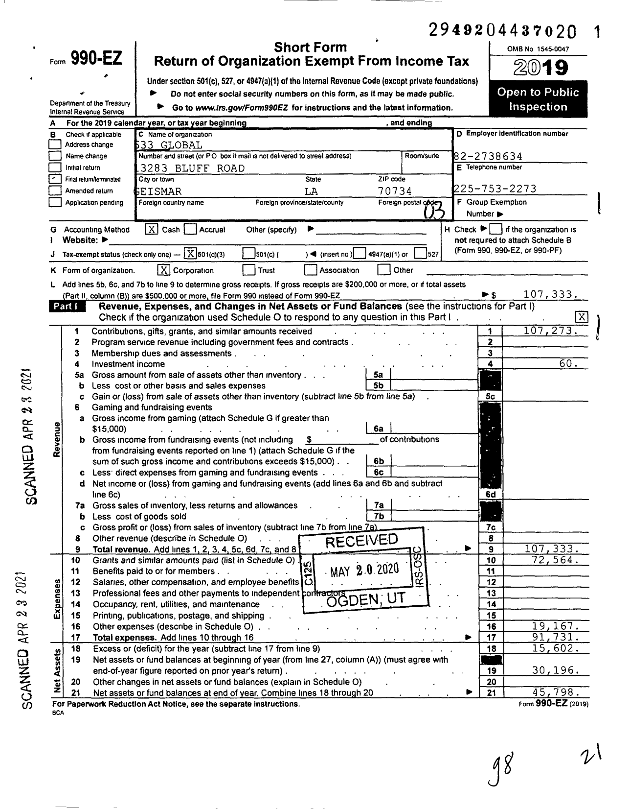 Image of first page of 2019 Form 990EZ for 633 Global