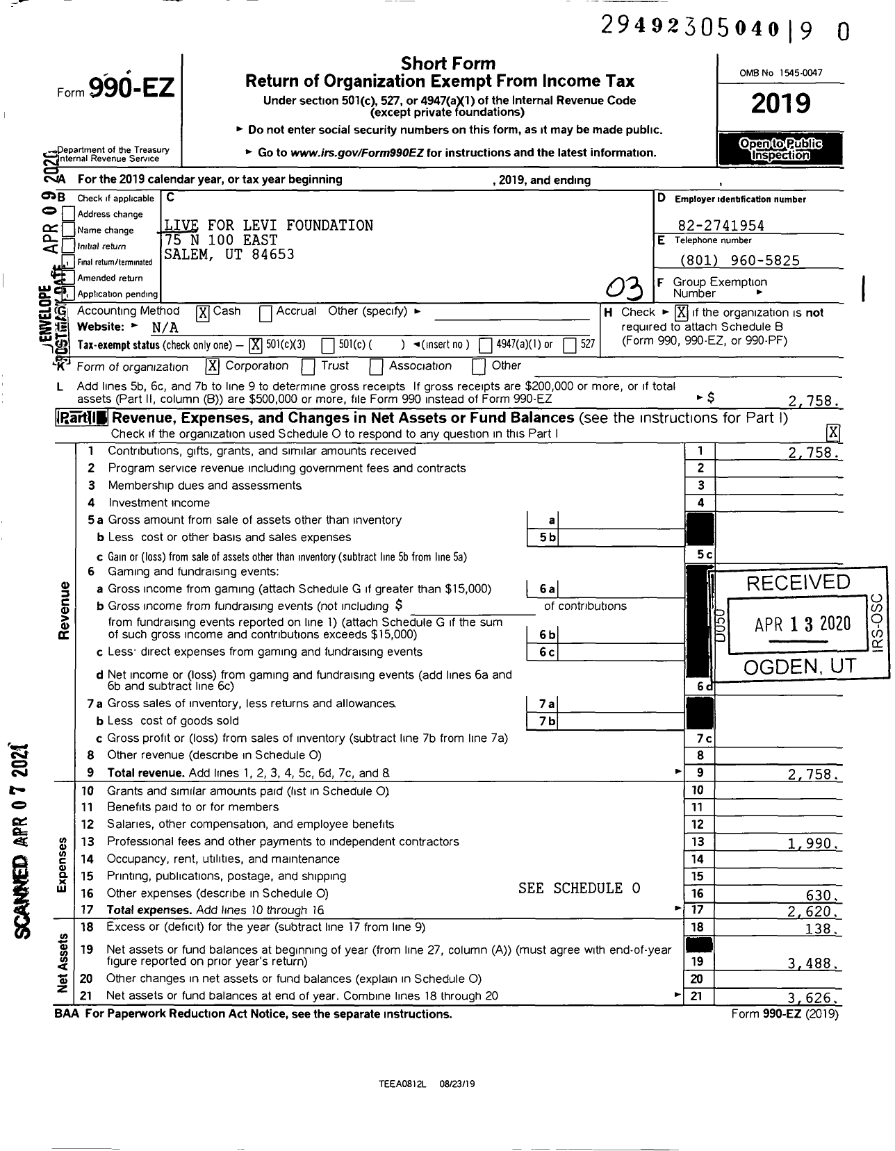 Image of first page of 2019 Form 990EZ for Live for Levi Foundation