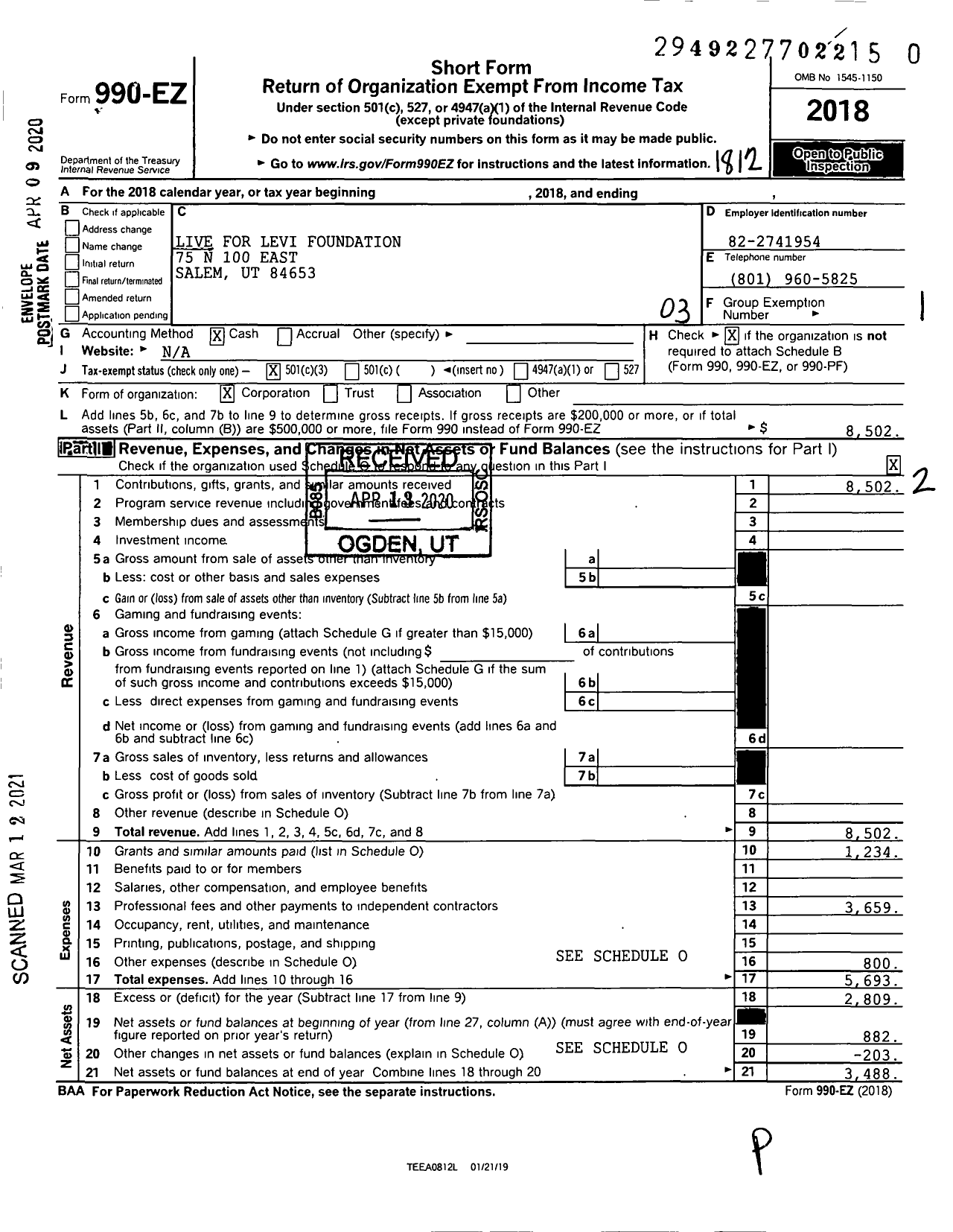 Image of first page of 2018 Form 990EZ for Live for Levi Foundation