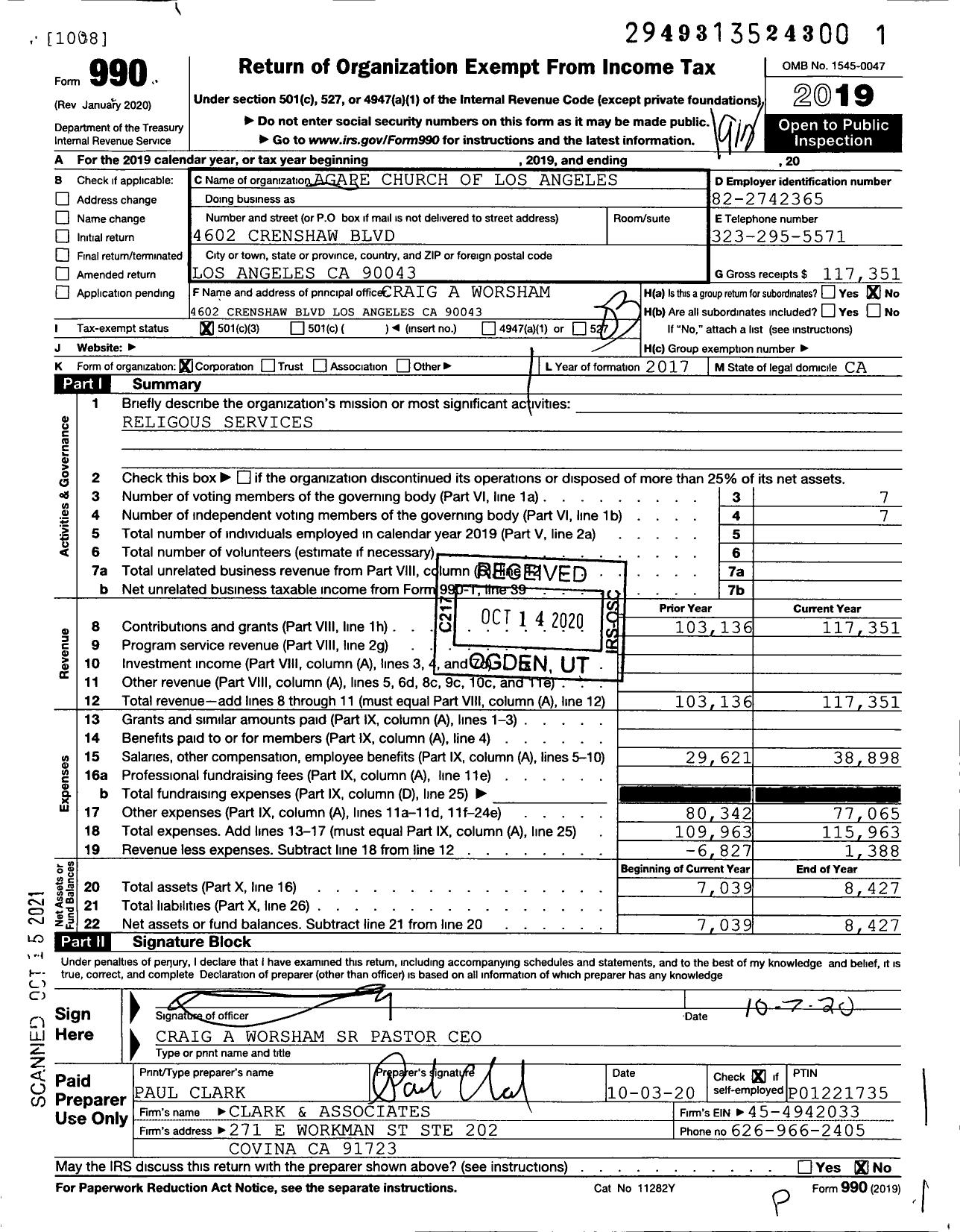 Image of first page of 2019 Form 990 for Agape Church of Los Angeles