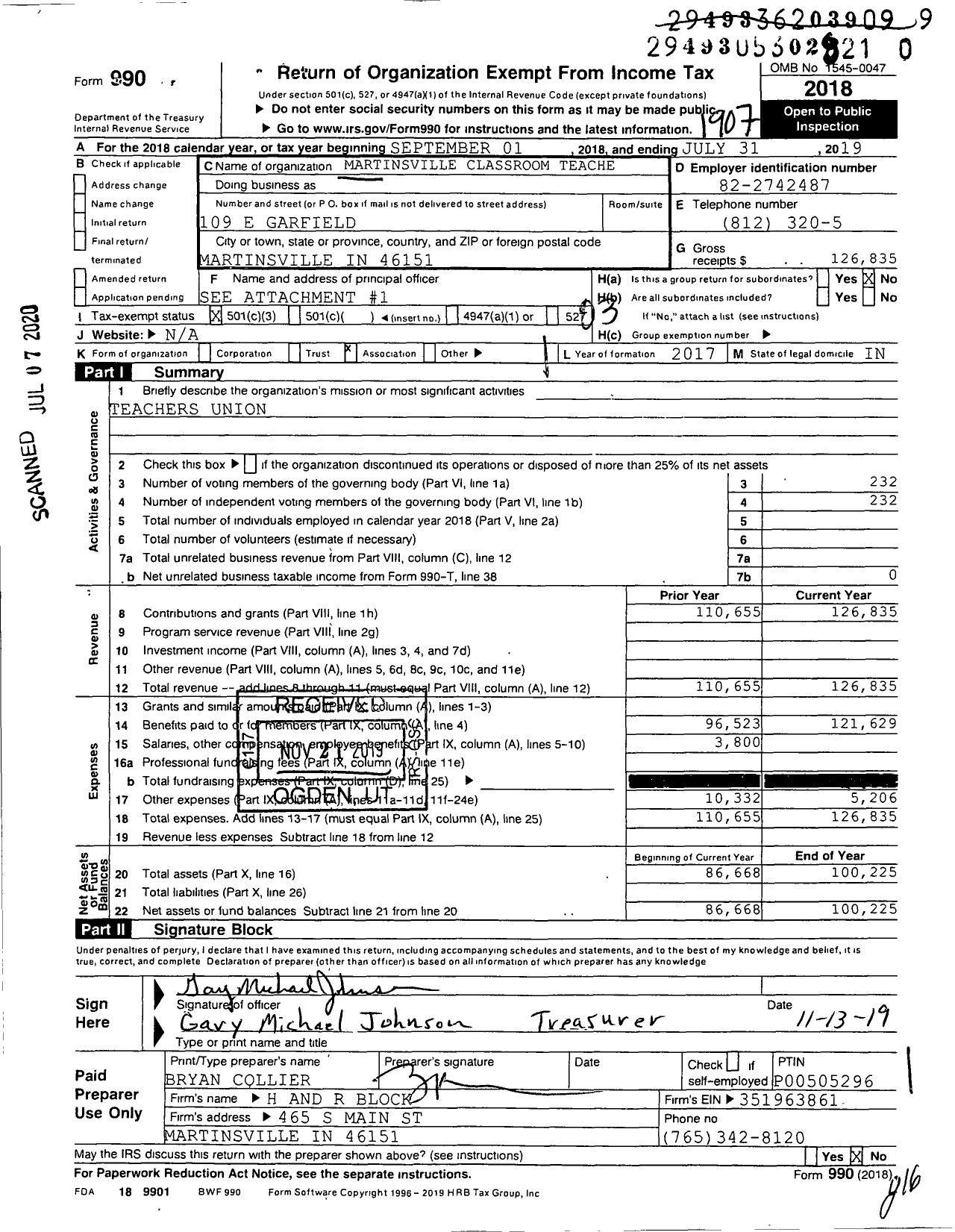 Image of first page of 2018 Form 990 for American Federation of Teachers - 6548 Martinsville Classroom Teacher