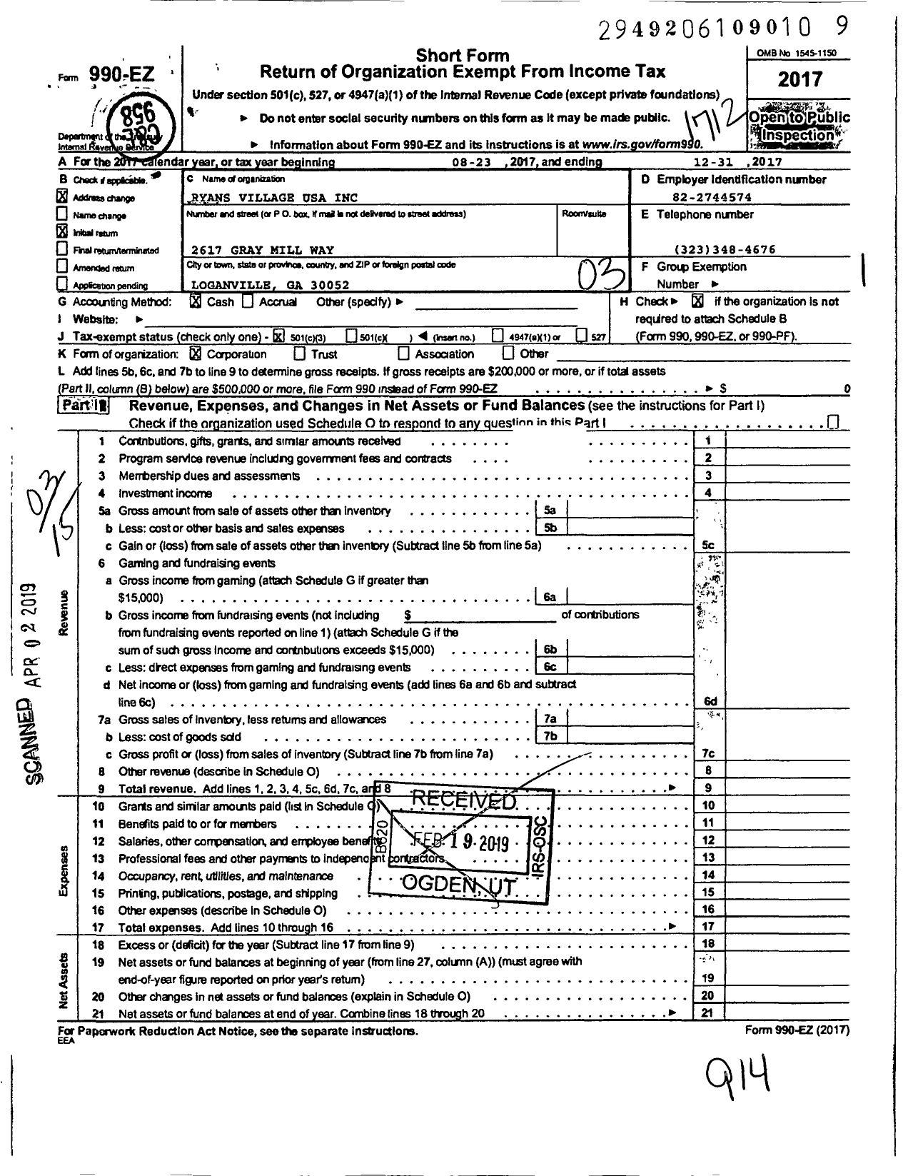 Image of first page of 2017 Form 990EZ for Ryans Village USA