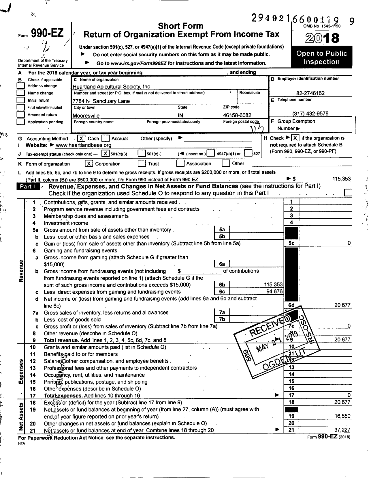 Image of first page of 2018 Form 990EZ for Heartland Apicultural Society