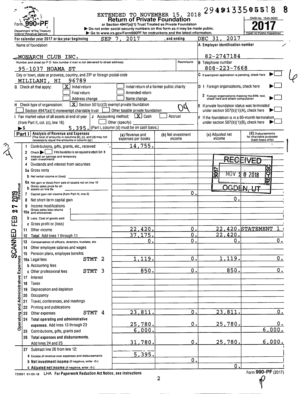 Image of first page of 2017 Form 990PF for Monarch Club