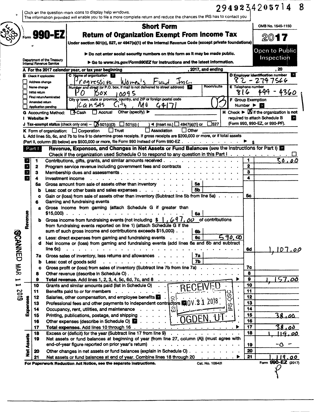 Image of first page of 2017 Form 990EZ for Progressive Womens Fund