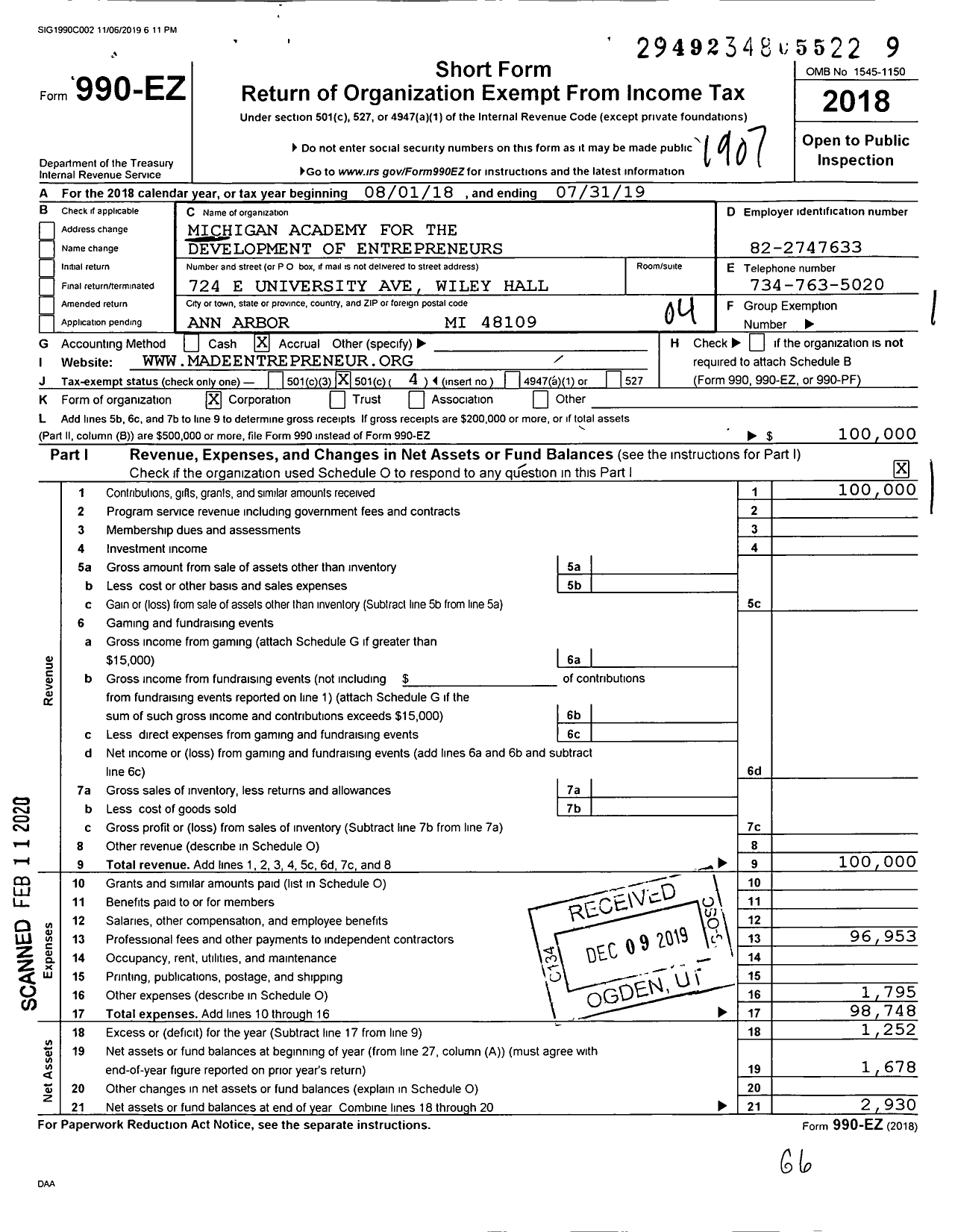 Image of first page of 2018 Form 990EO for Michigan Academy for the Development of Entrepreneurs